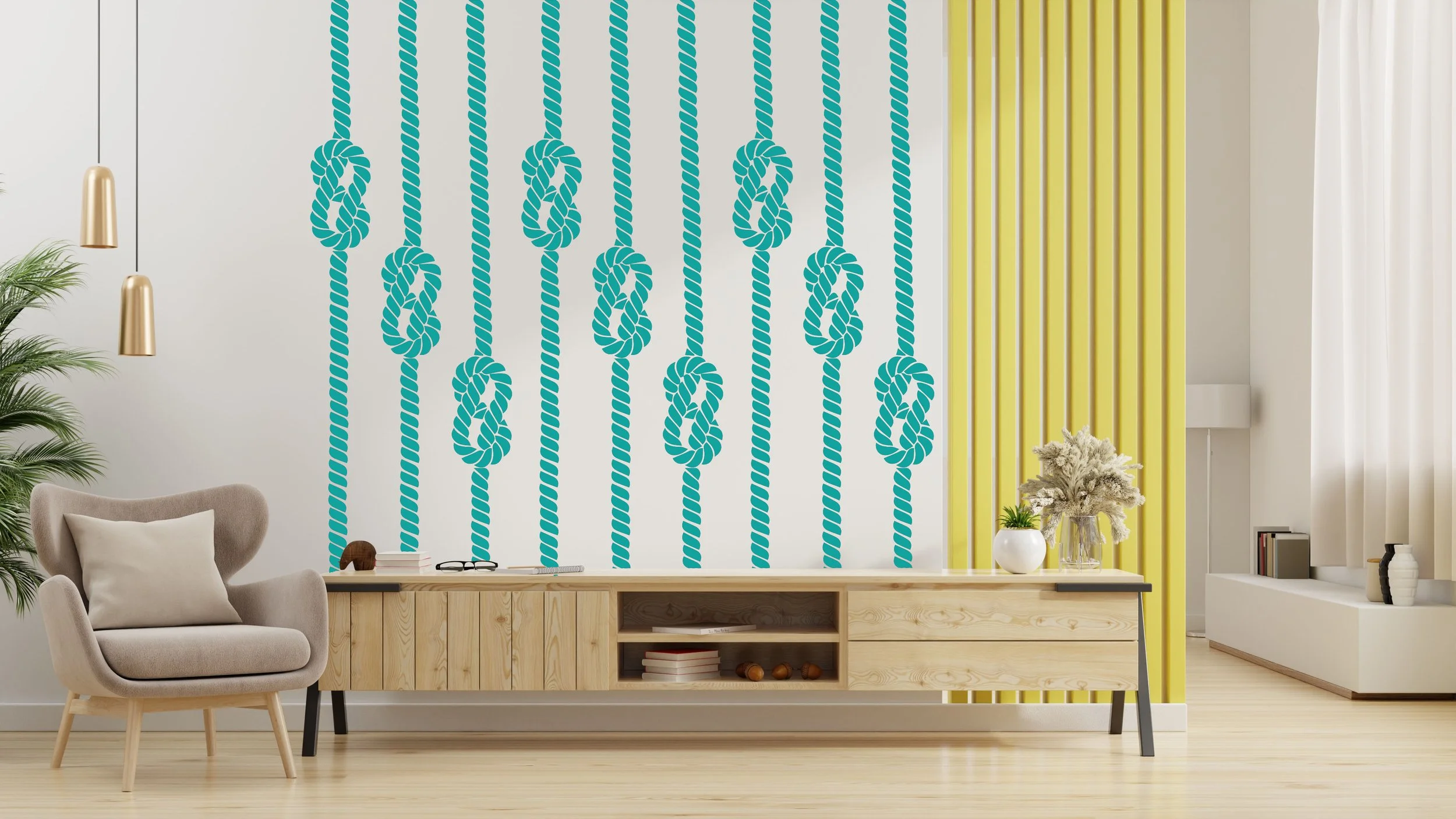 Nautical rope wall decal shown in turquoise on a modern living room wall behind a light wood credenza.