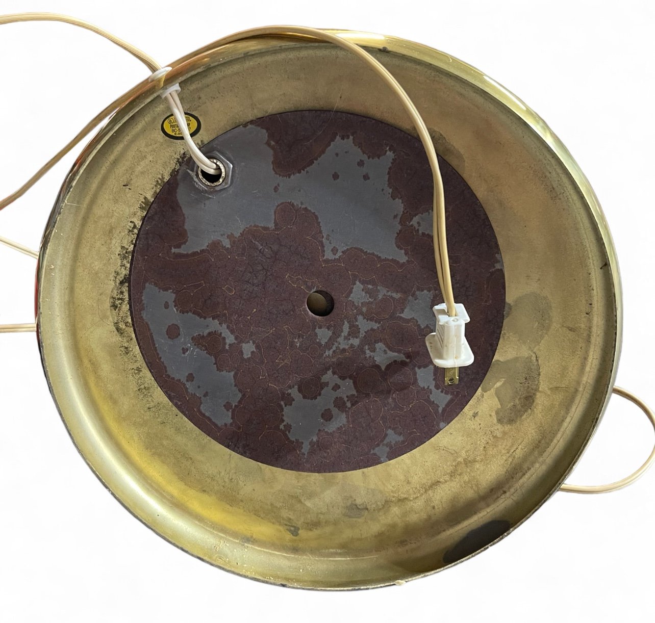 Bottom view of base of vintage mid century modern gold arched floor lamp.