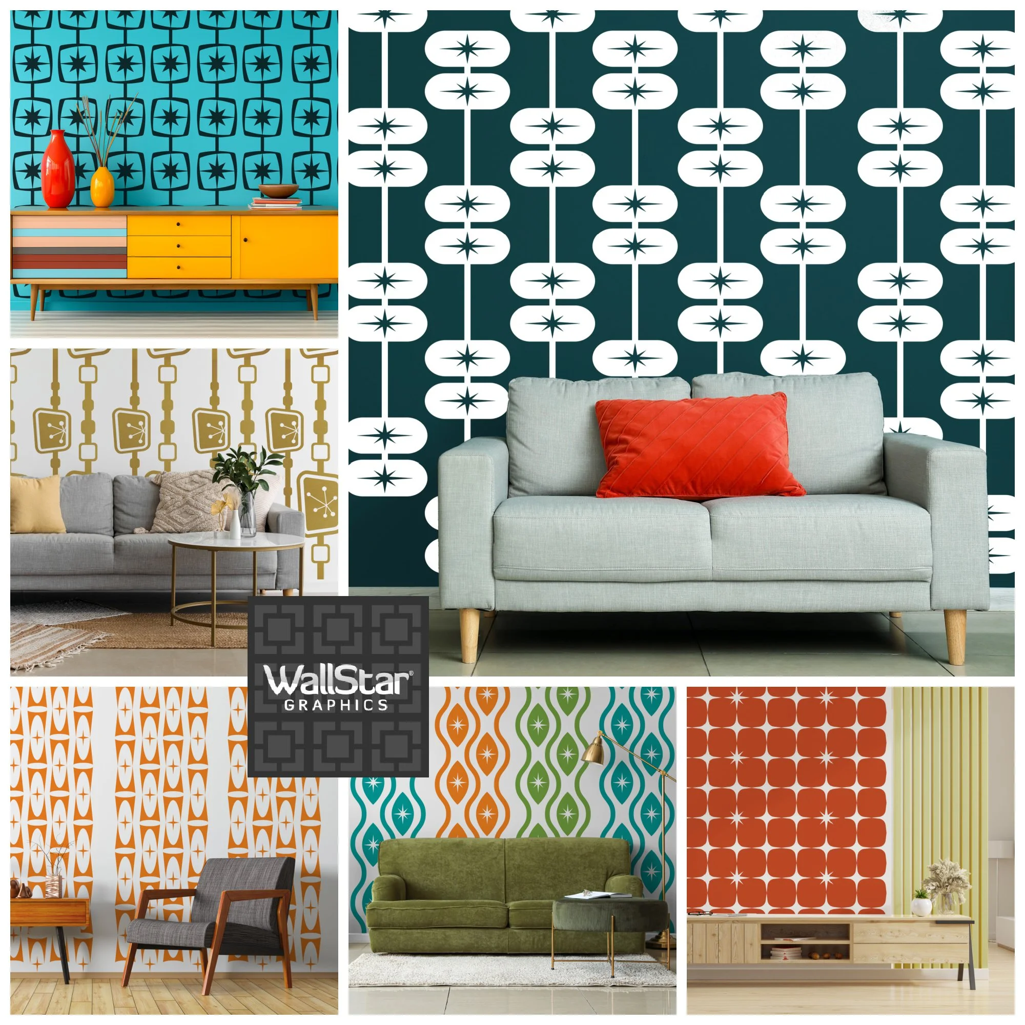 A collage of mid century, atomic inspired geometric pattern wall decals in a variety colors installed in various modern rooms, by Wall Star Graphics.