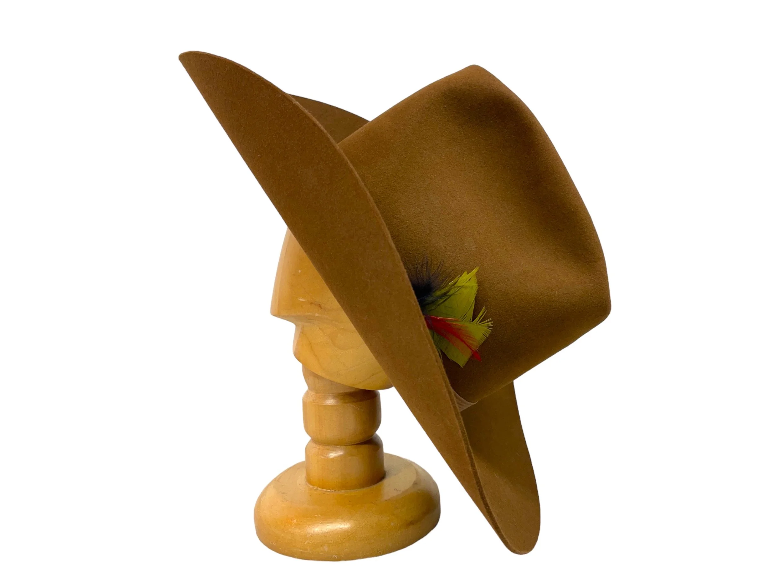 Vintage Resistor XXX Beaver Cowboy hat with hatband with colorful feathers. Size 7 1/4 in a brown color. Made in USA.