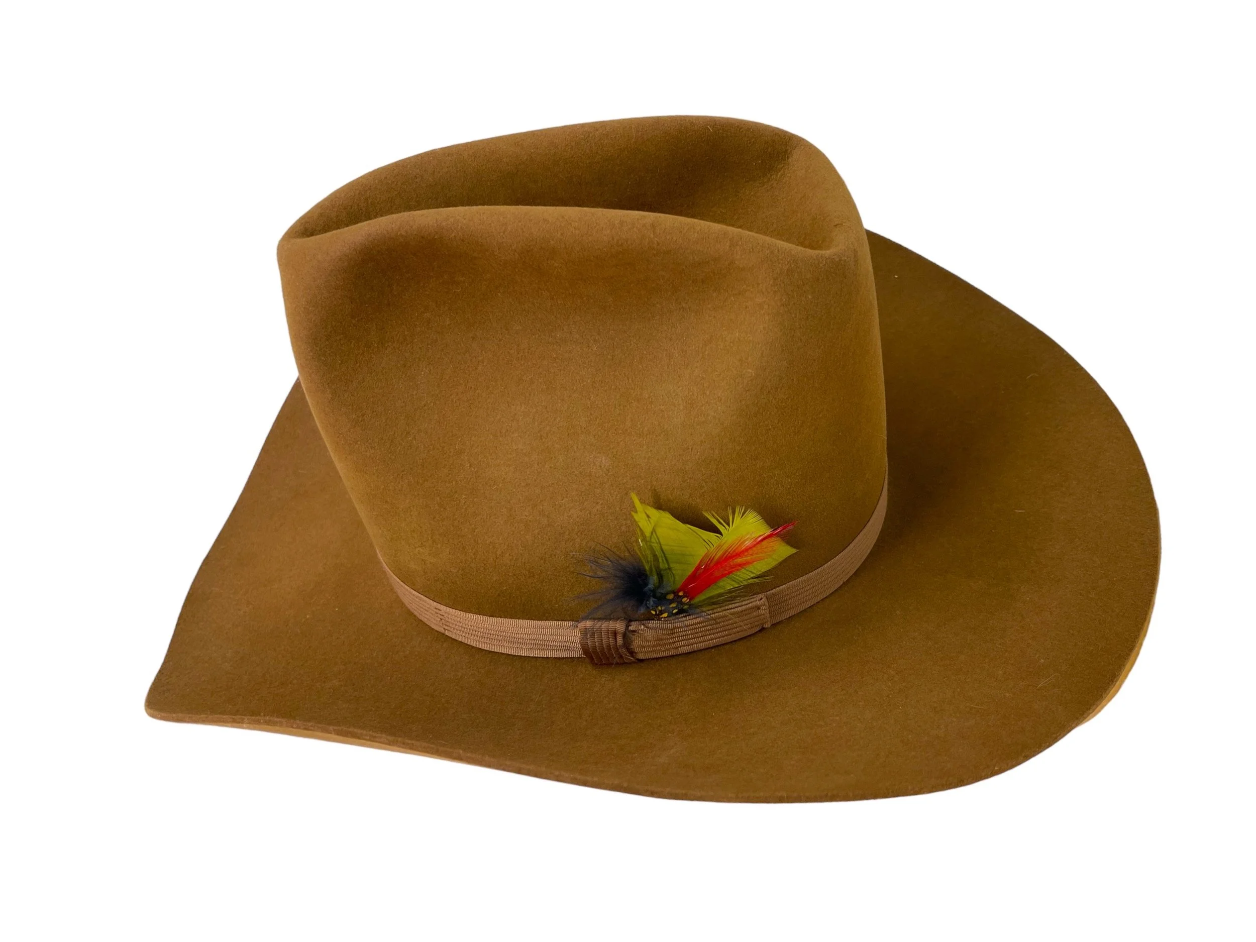 Vintage Resistor XXX Beaver Cowboy hat with hatband with colorful feathers. Size 7 1/4 in a brown color. Made in USA.