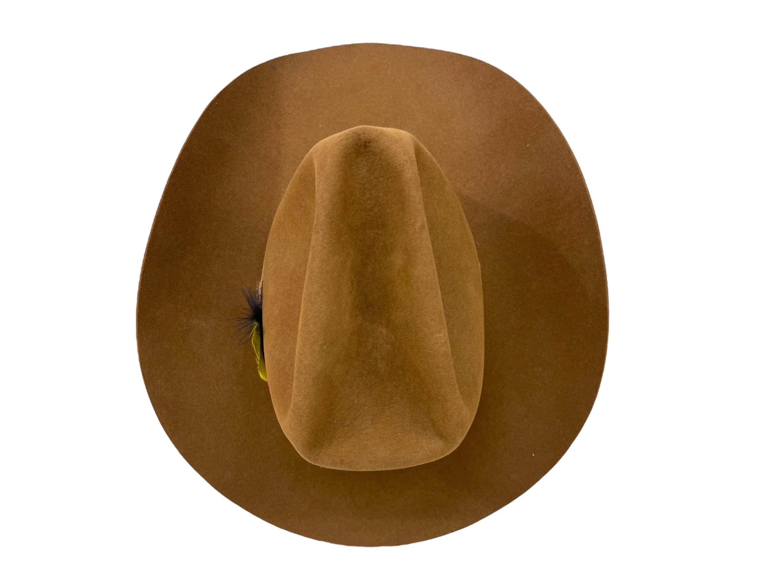 Top view of a vintage Resistor XXX Beaver Cowboy hat with hatband with colorful feathers. Size 7 1/4 in a brown color. Made in USA.