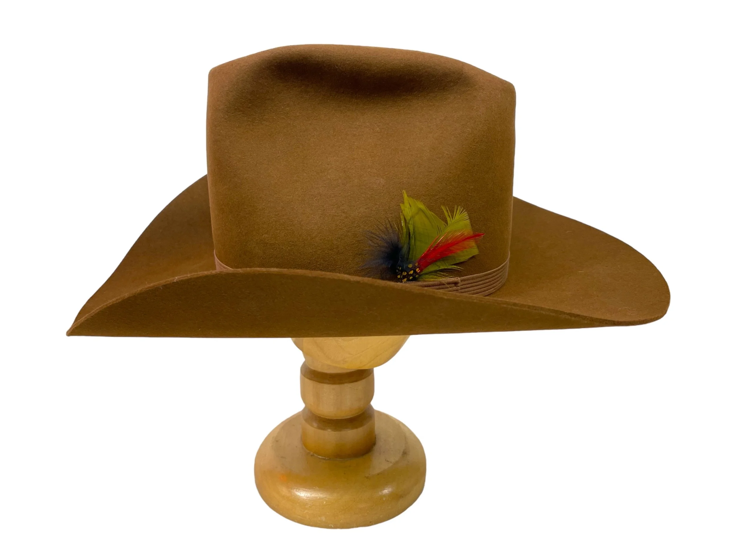 Vintage Resistor XXX Beaver Cowboy hat with hatband with colorful feathers. Size 7 1/4 in a brown color. Made in USA.