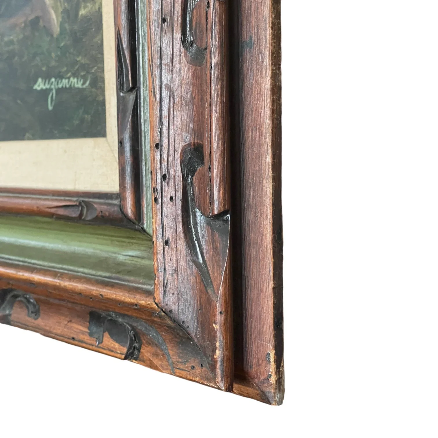 Vintage 32 x 26 inch original painting of oak tree and Spanish style home, in muted earth tone colors in a hand carved wood frame.