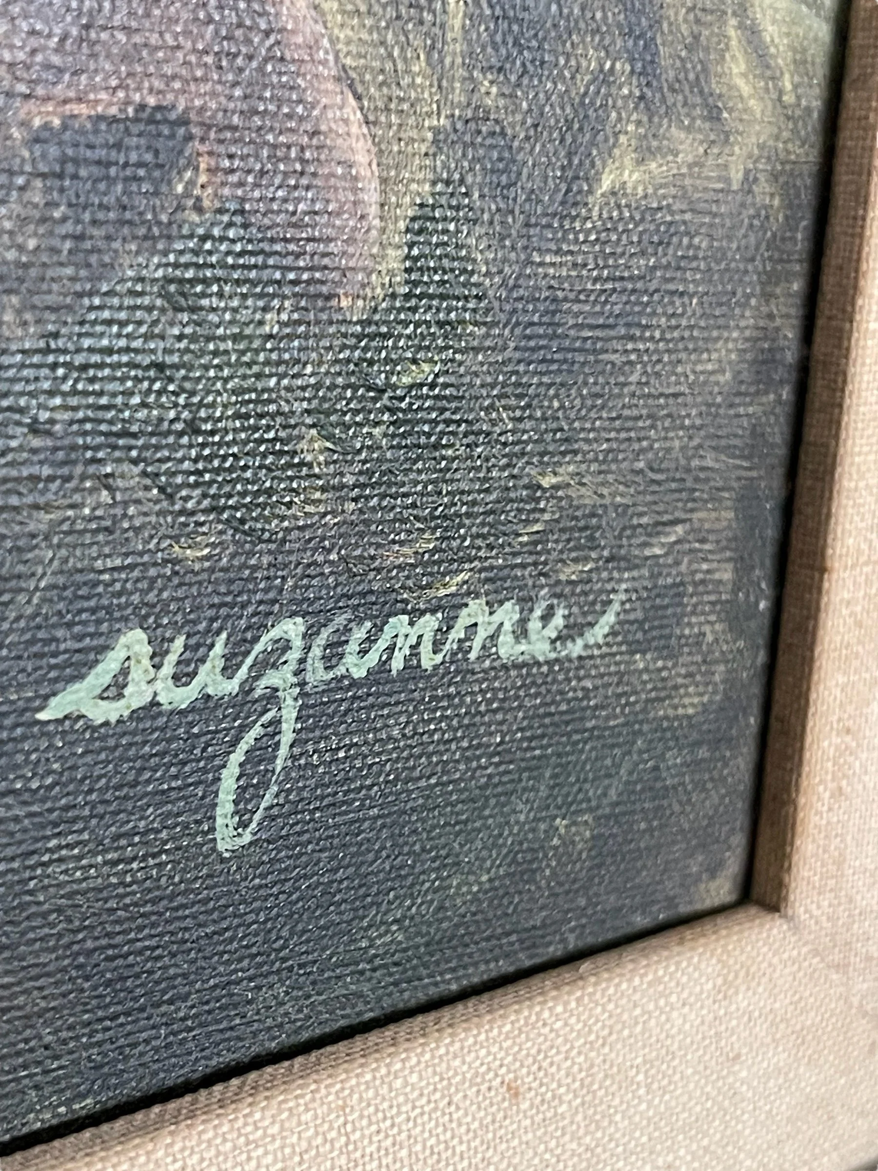 Vintage 32 x 26 inch original painting of oak tree and Spanish style home, in muted earth tone colors in a hand carved wood frame.