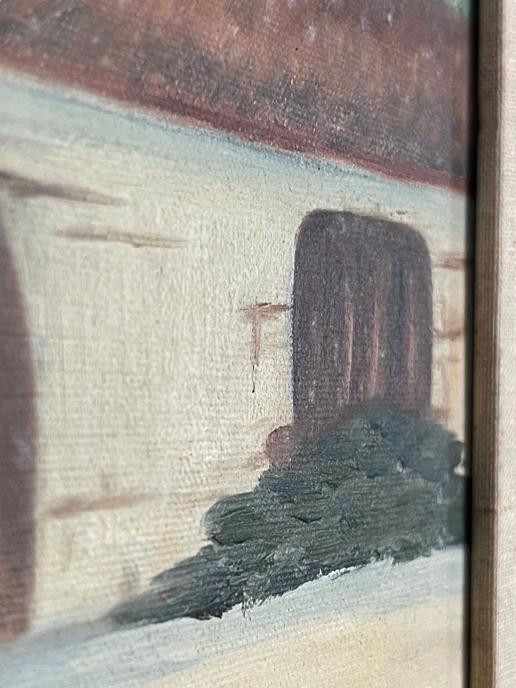 Vintage 32 x 26 inch original painting of oak tree and Spanish style home, in muted earth tone colors in a hand carved wood frame.