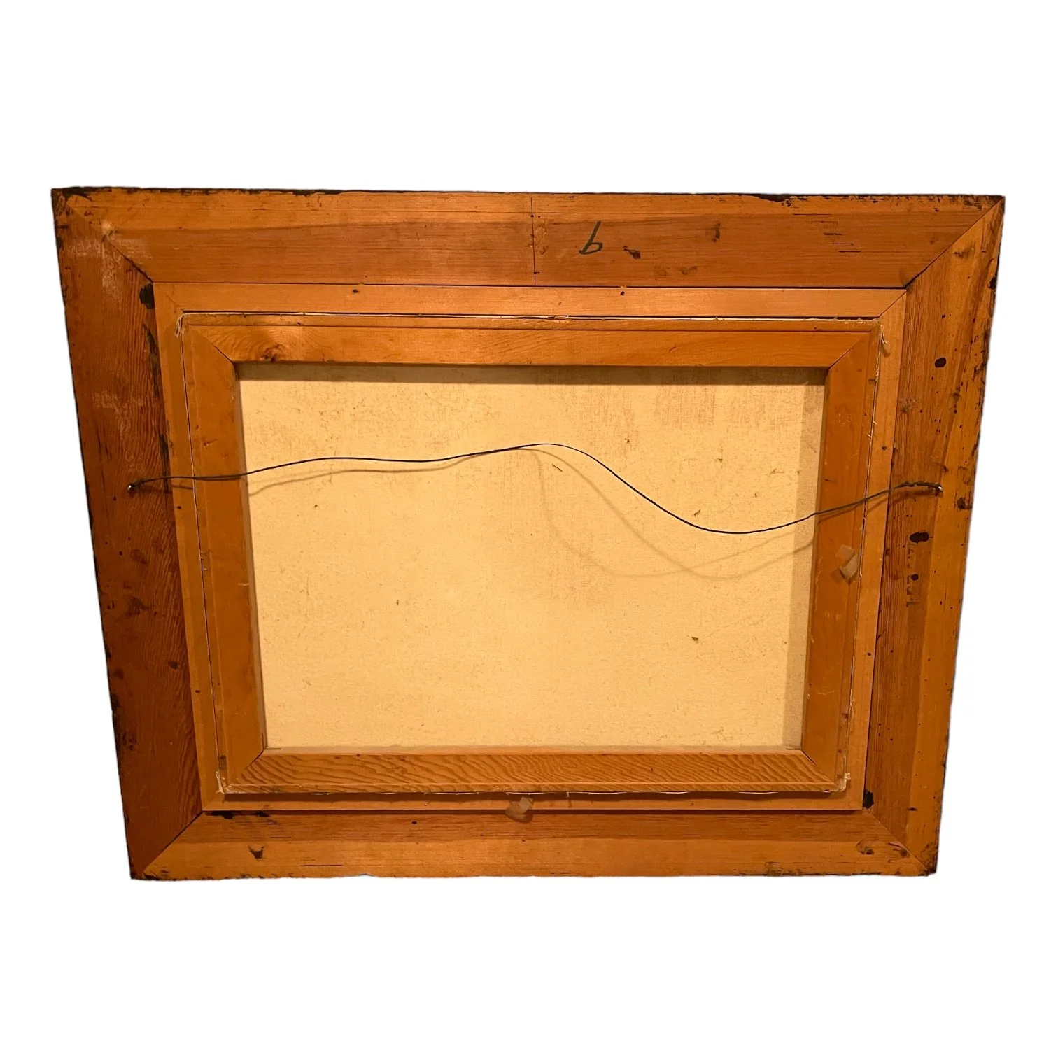 Backside view of a vintage 32 x 26 inch original painting of oak tree and Spanish style home, in muted earth tone colors in a hand carved wood frame.