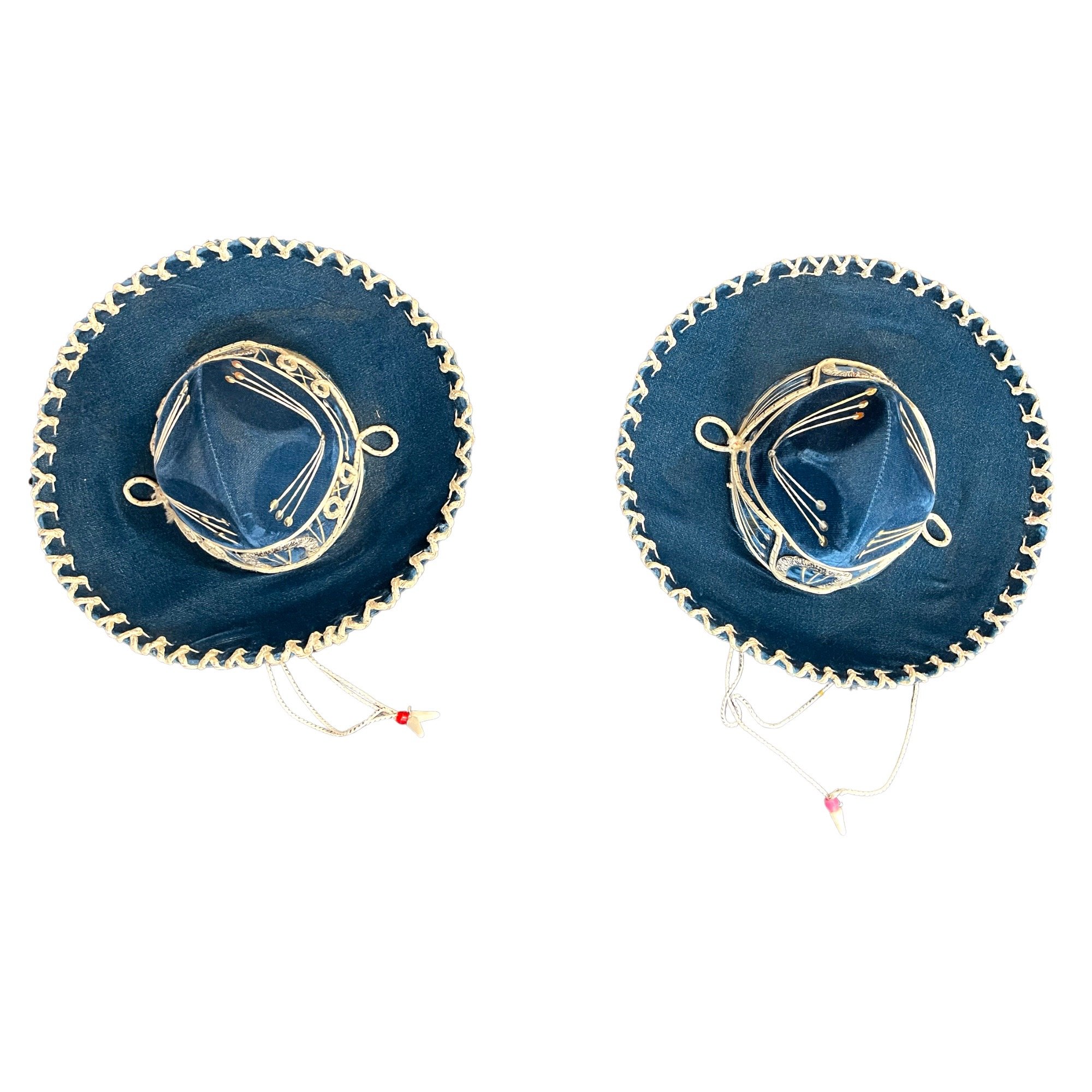 Vintage pair Sombrero Hats for Kids - Felt Sequined, High Crowned Sombreros, vibrant blue with white detailing and silver sequins.