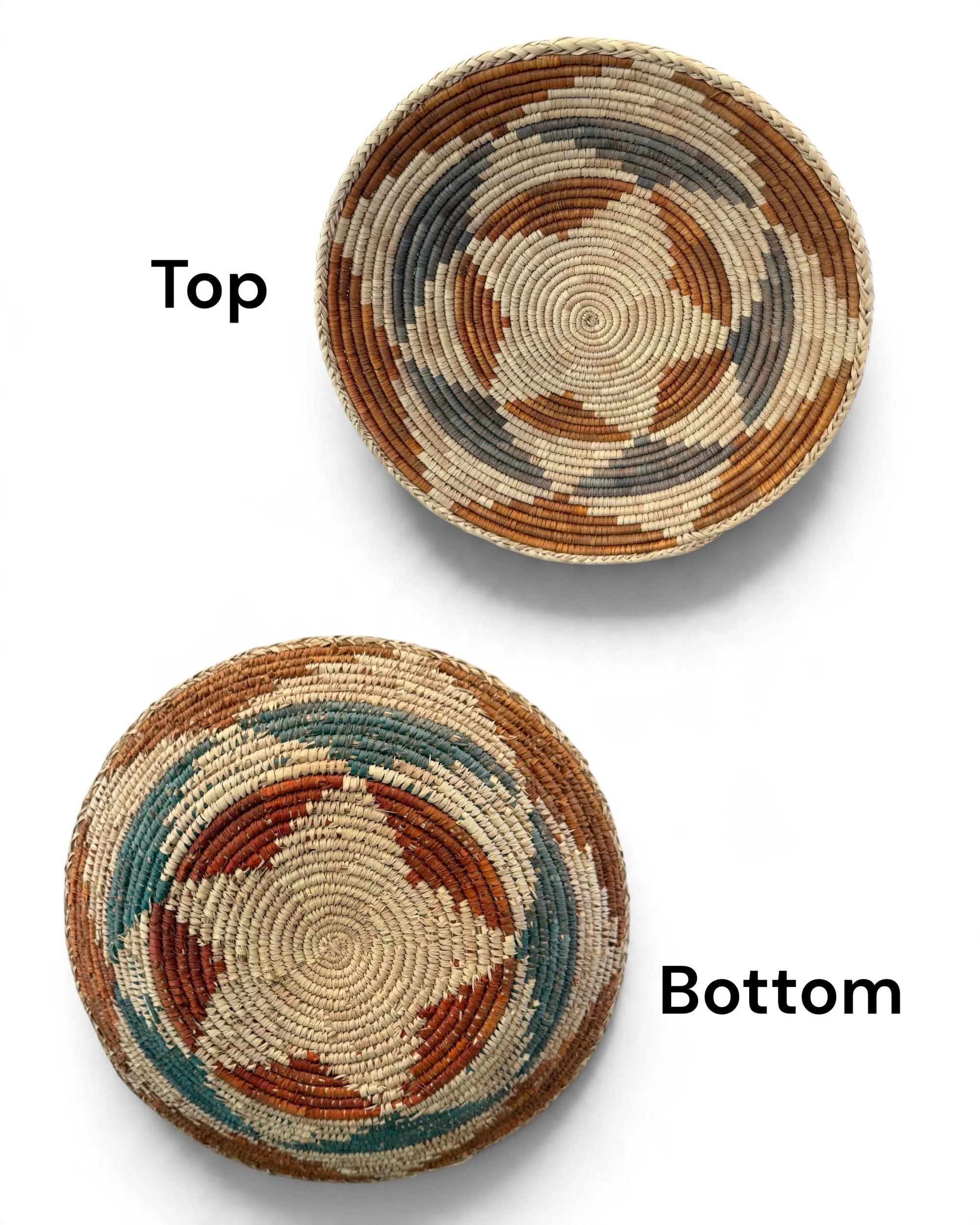 top and bottom view of large vintage woven decorative basket with geometric design