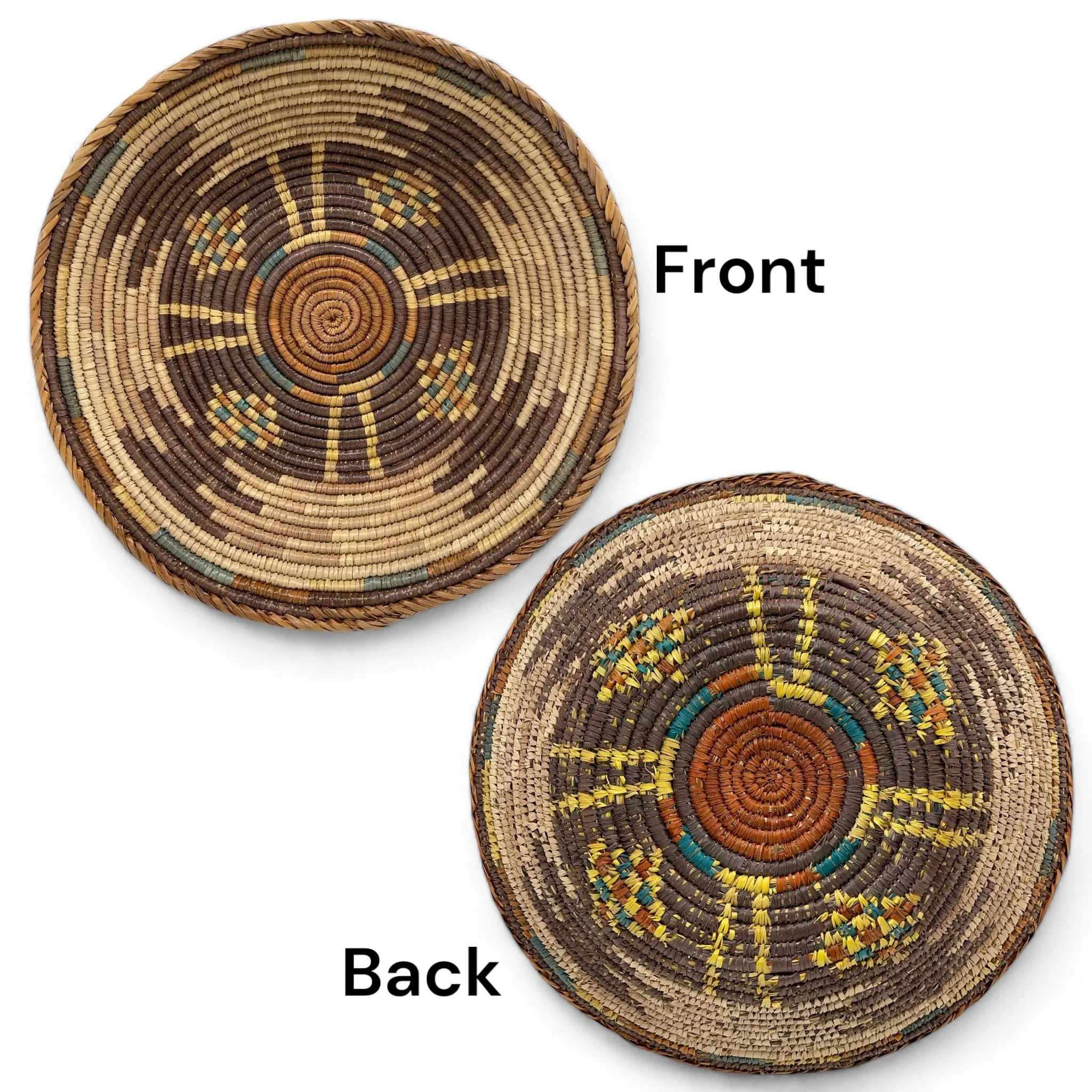 3 vintage southwestern coiled baskets. Set includes oval, and round shapes with traditional Native American geometric patterns. Perfect desert or boho decor.