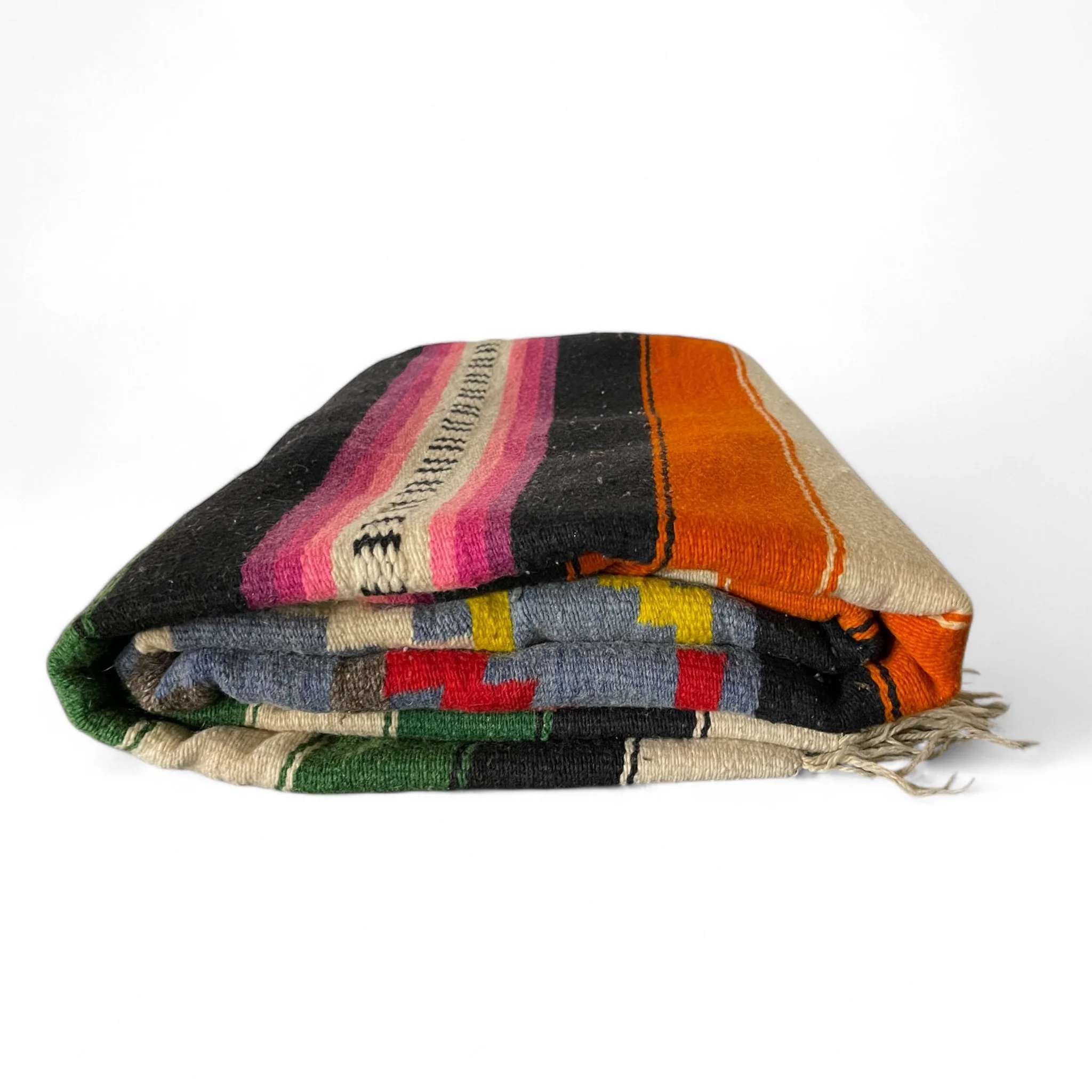 Vintage colorful handwoven Mexican blanket, 47x81, Southwestern geometric pattern, Mayan, Aztec, tribal, Kilim style textile. Perfect for southwestern or eclectic home interiors.