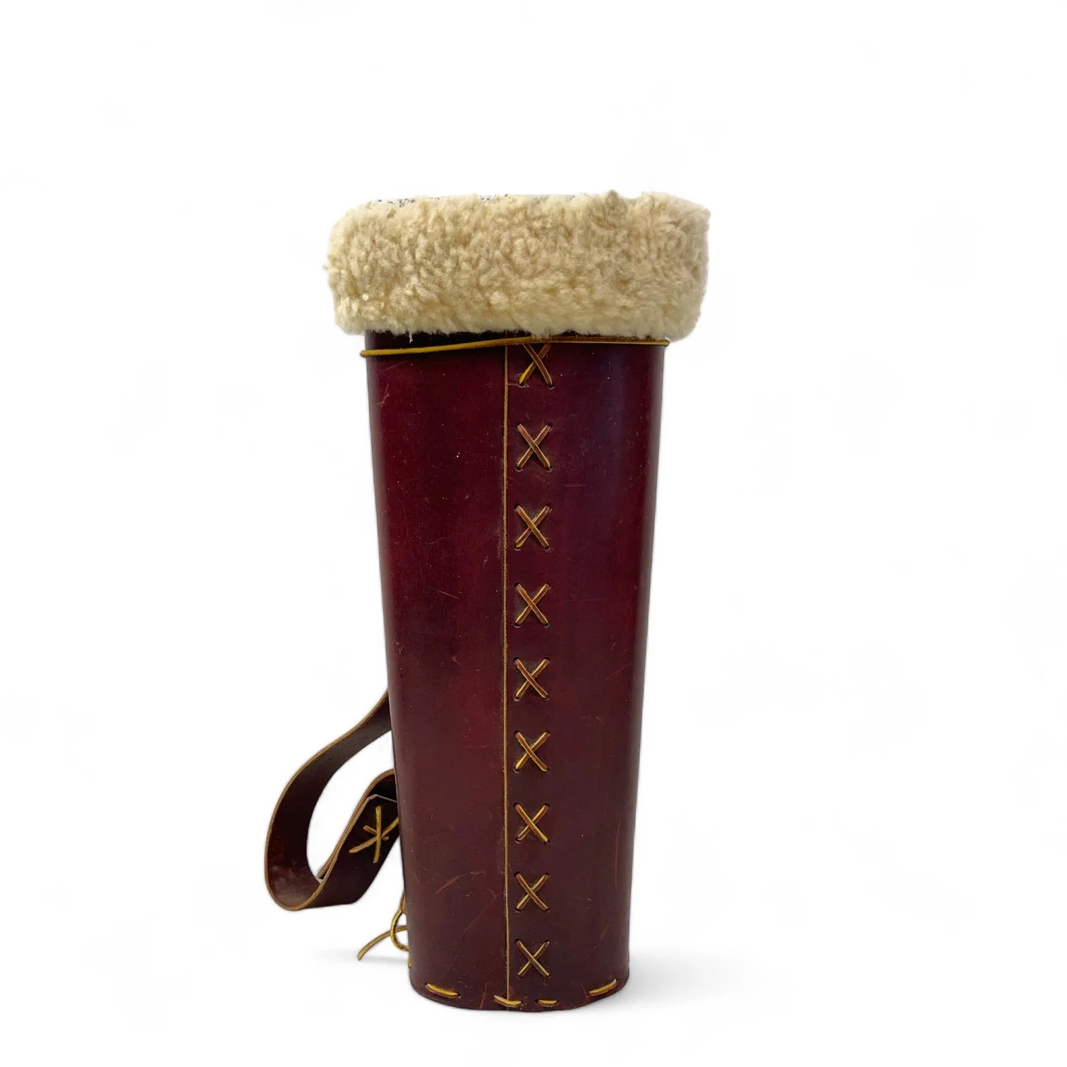 Vintage handcrafted genuine leather arrow quiver with Sherpa lining, adjustable shoulder strap.