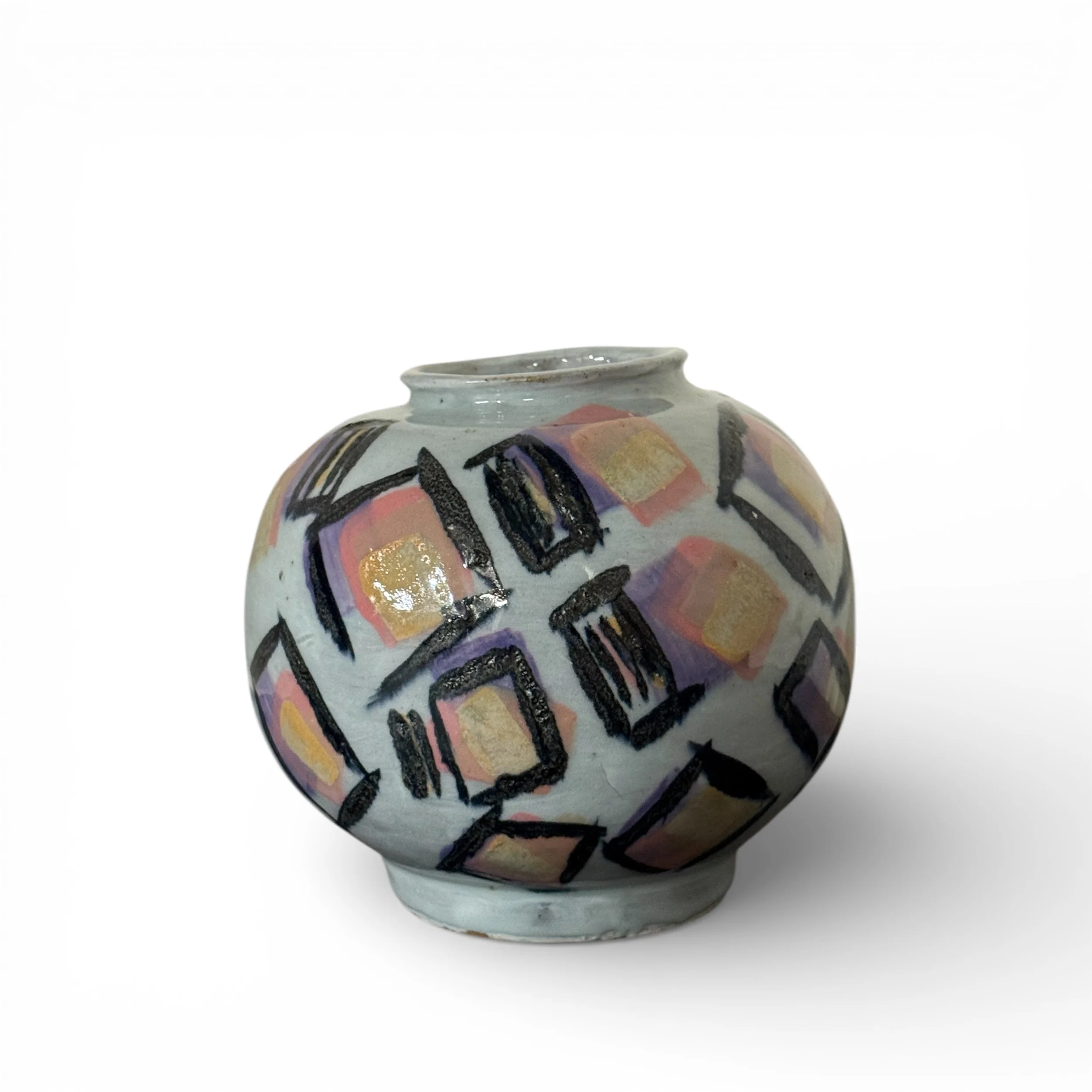 Vintage hand glazed round ceramic vessel abstract design