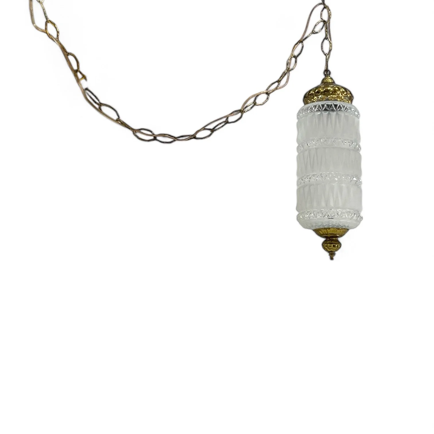 Vintage cylinder shape faceted clear and frosted glass pendant hanging light with chain.