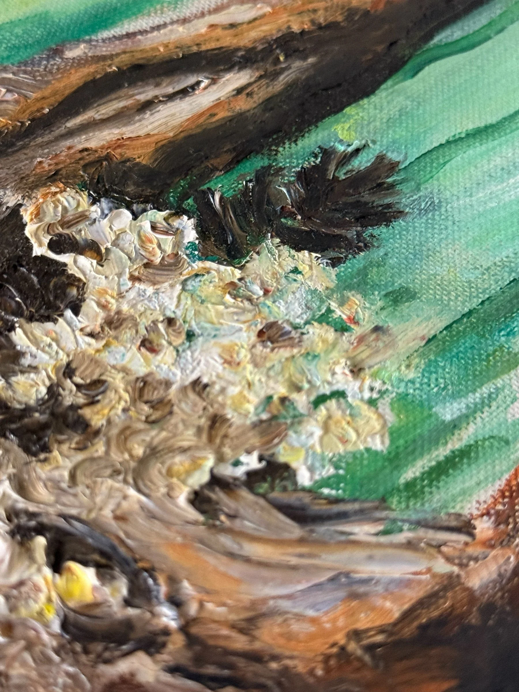 MCM original wall art with textured brushwork and abstract tree trunks.