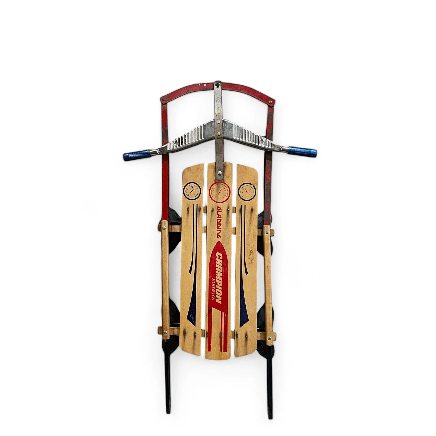 Vintage Gladding wood sled, Champion Fastback with metal handles, slat body.