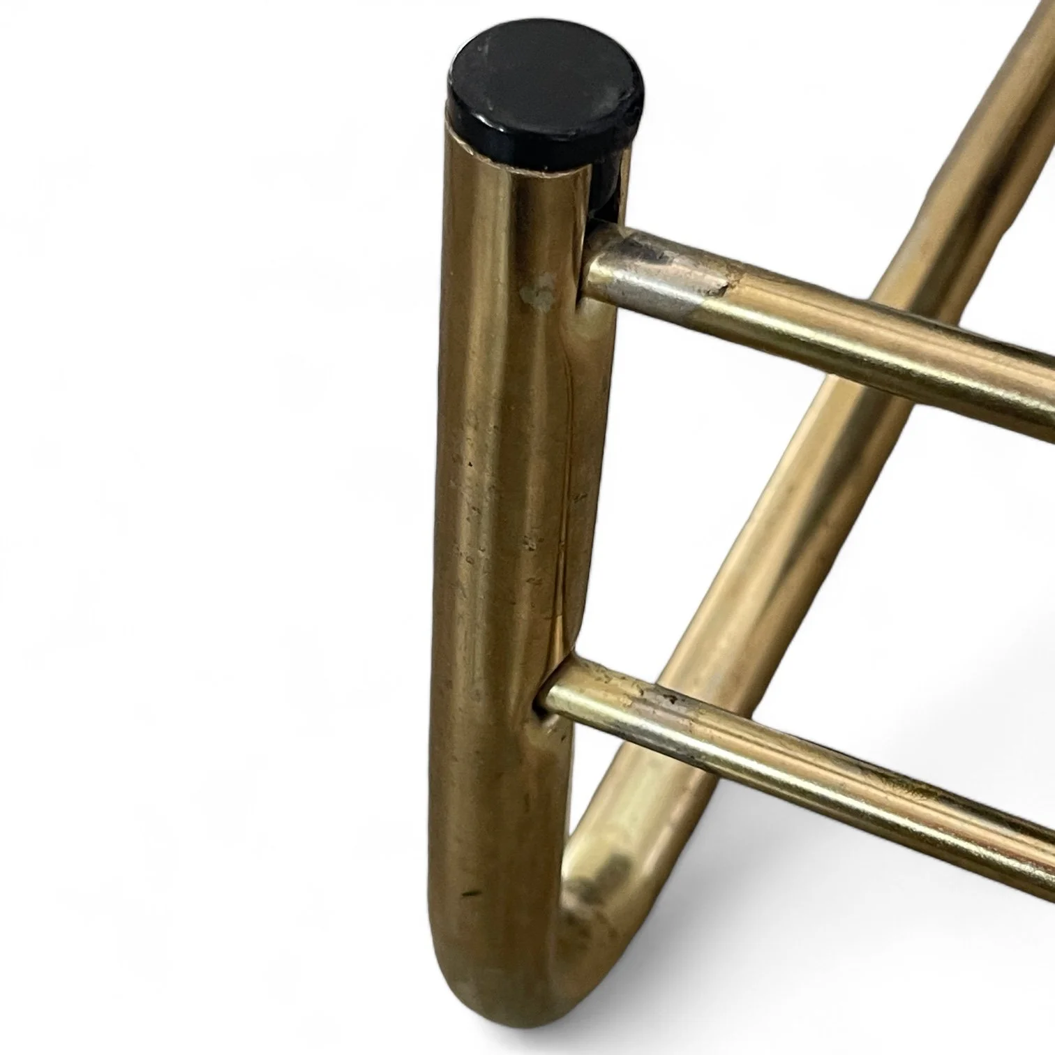 Vintage 1960s mid century adjustable Pearl Wick Leg Lounger footstool ottoman in a dark brown vinyl upholstered top with gold metal legs. Made in USA.