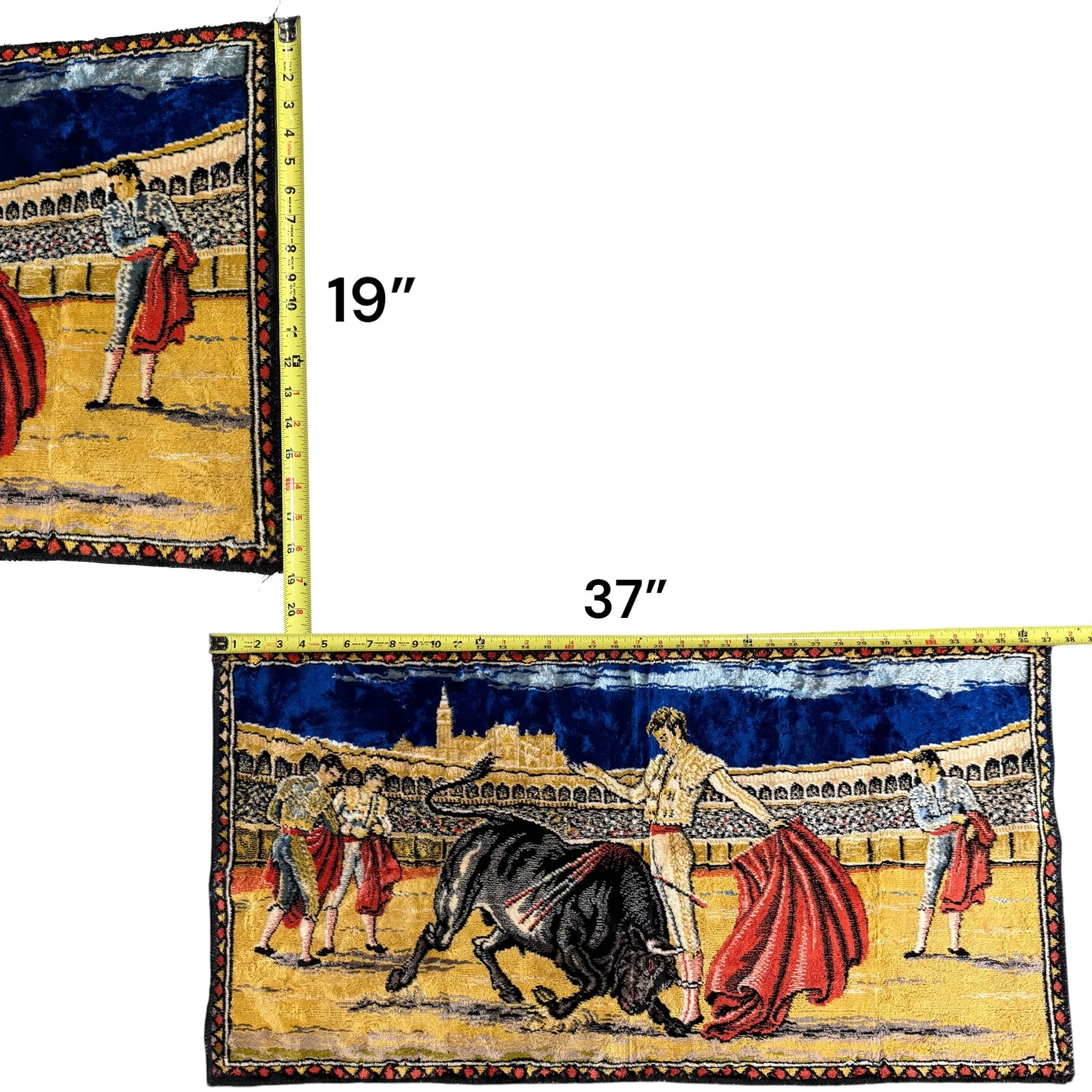 Detailed vintage tapestry with matador and bull in woven fabric with a measuring tape showing dimensions