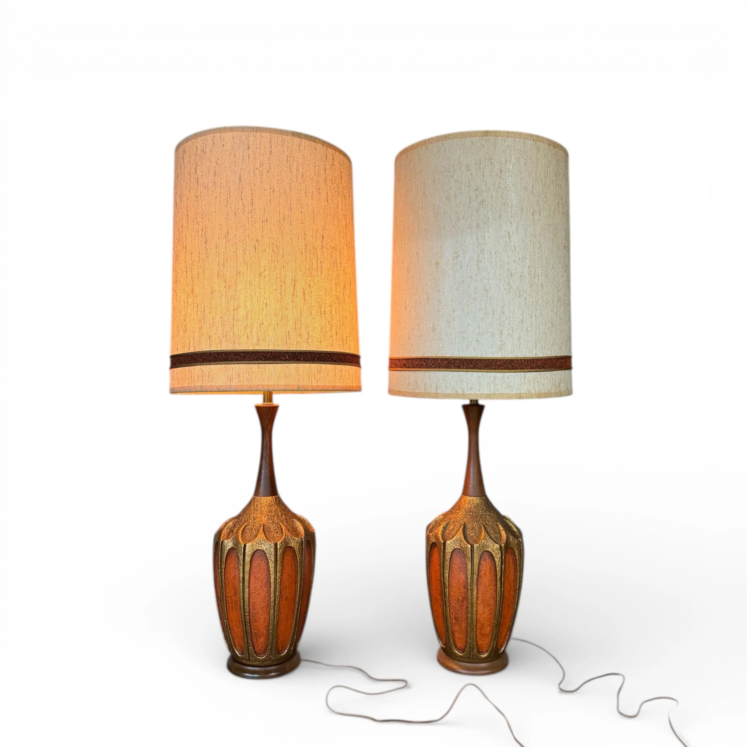 Emil Bertolozzi Bert Lamps vintage lamp pair with original shades. Lamp on left is shown on, lamp on right is shown off