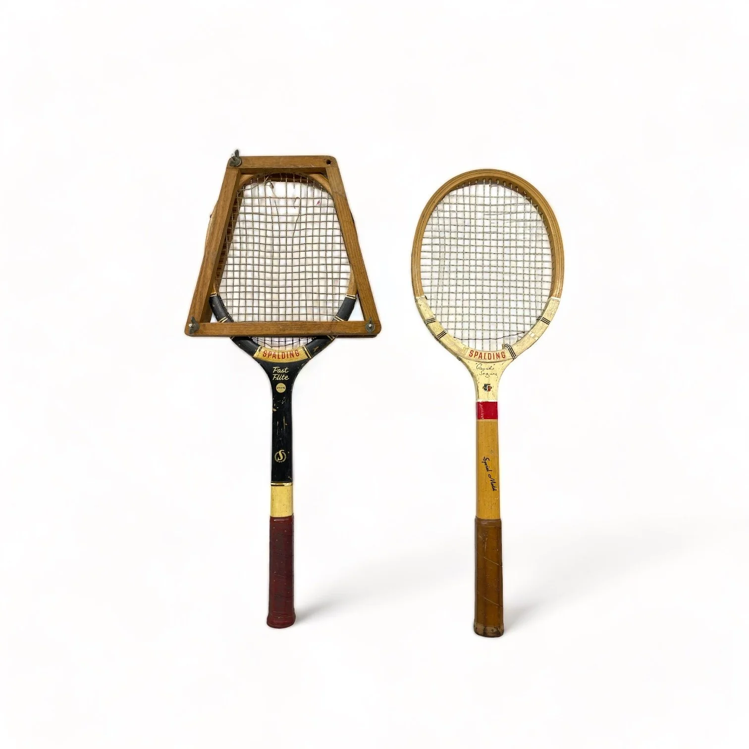 Vintage Wooden Tennis Racket Pair, Spalding Fast Flite, Paucho Segura Special Model with racket press, sports collectible game room decor.