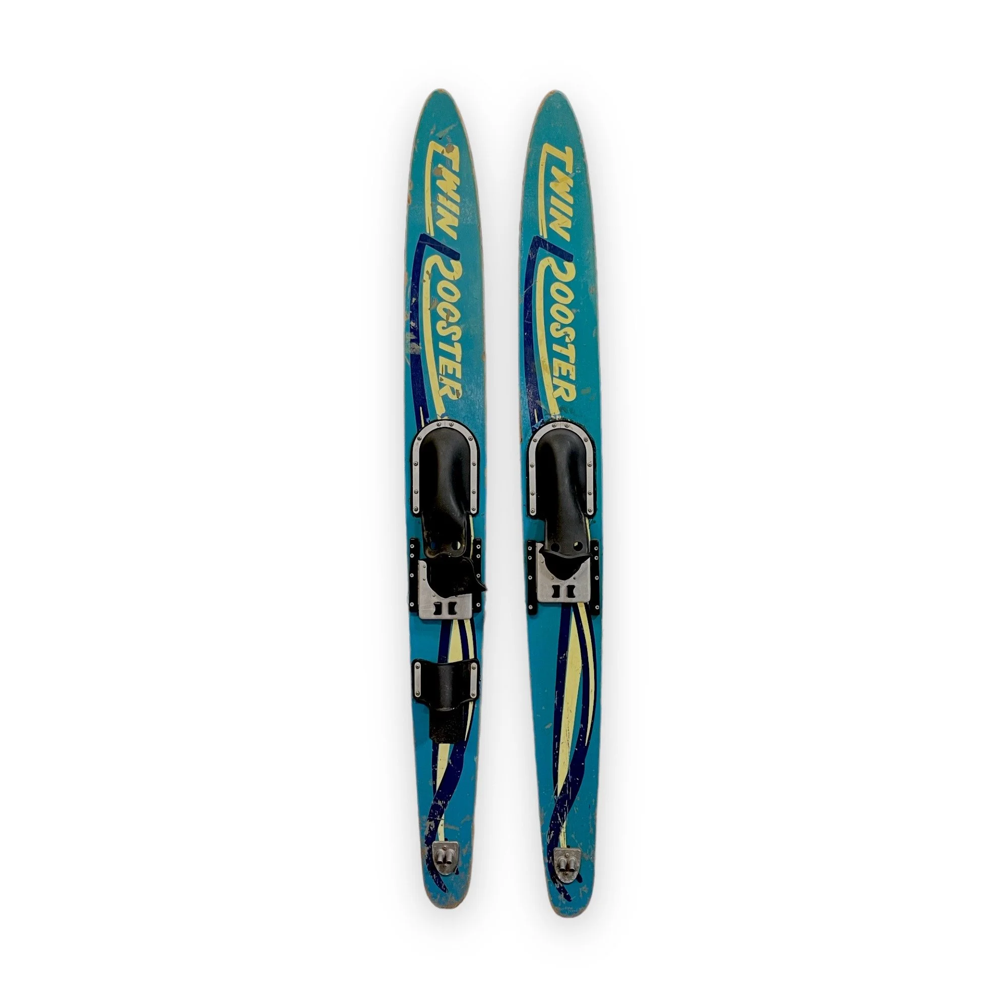 Vintage pair of Twin Rooster wooden water skis in turquoise and yellow with black bindings. Circa 1960s.