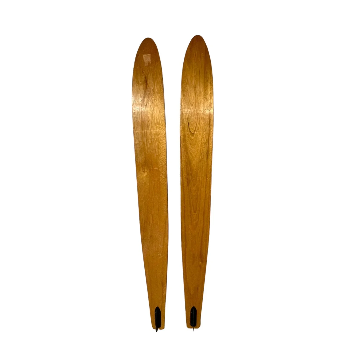 Backside view of a pair of vintage wooden water skis - Nash Gold Cup Combo.