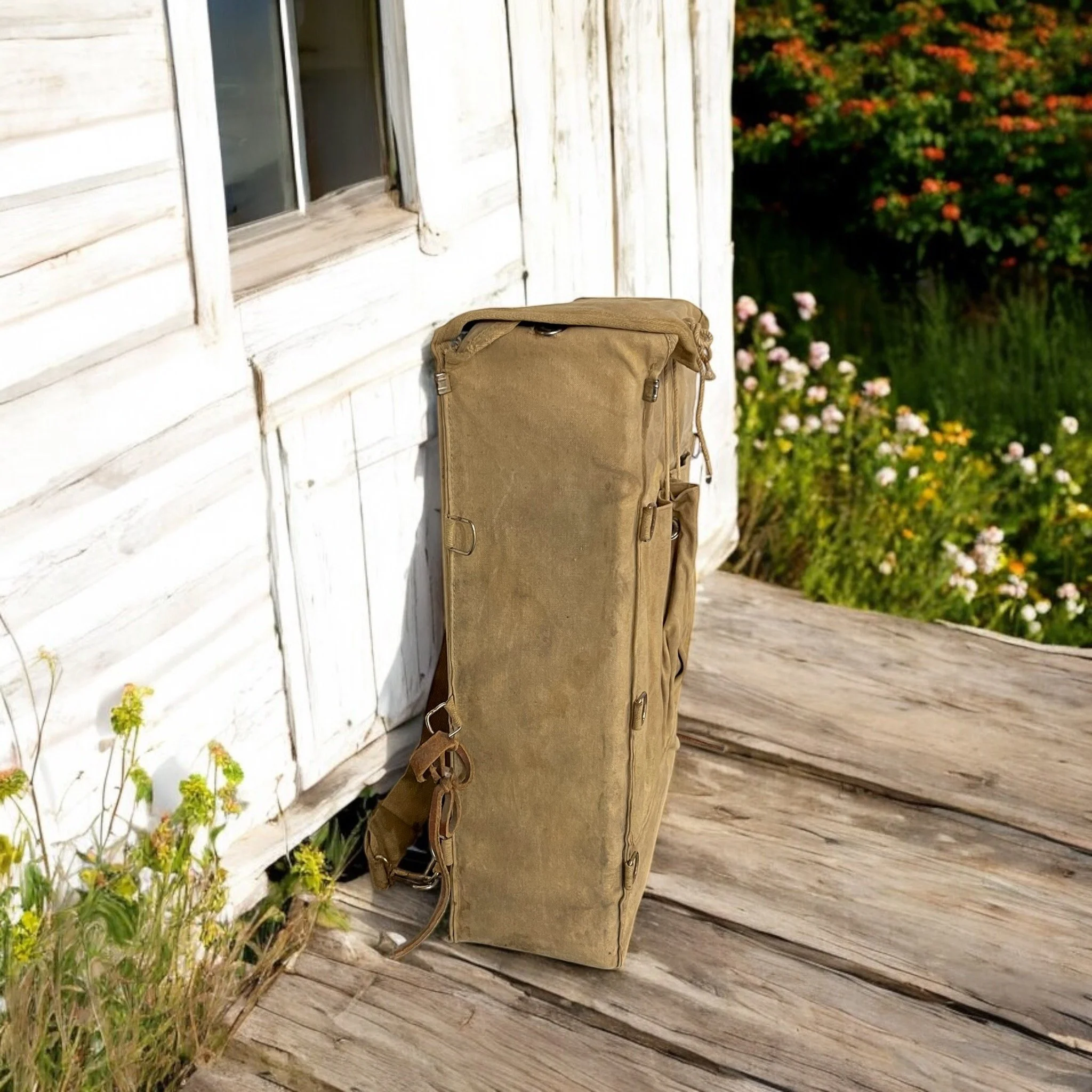 Vintage Standard Trail Camper canvas backpack with adjustable straps and metal insert, No. 724 D-ring KNA Pack, rustic outdoor camping gear