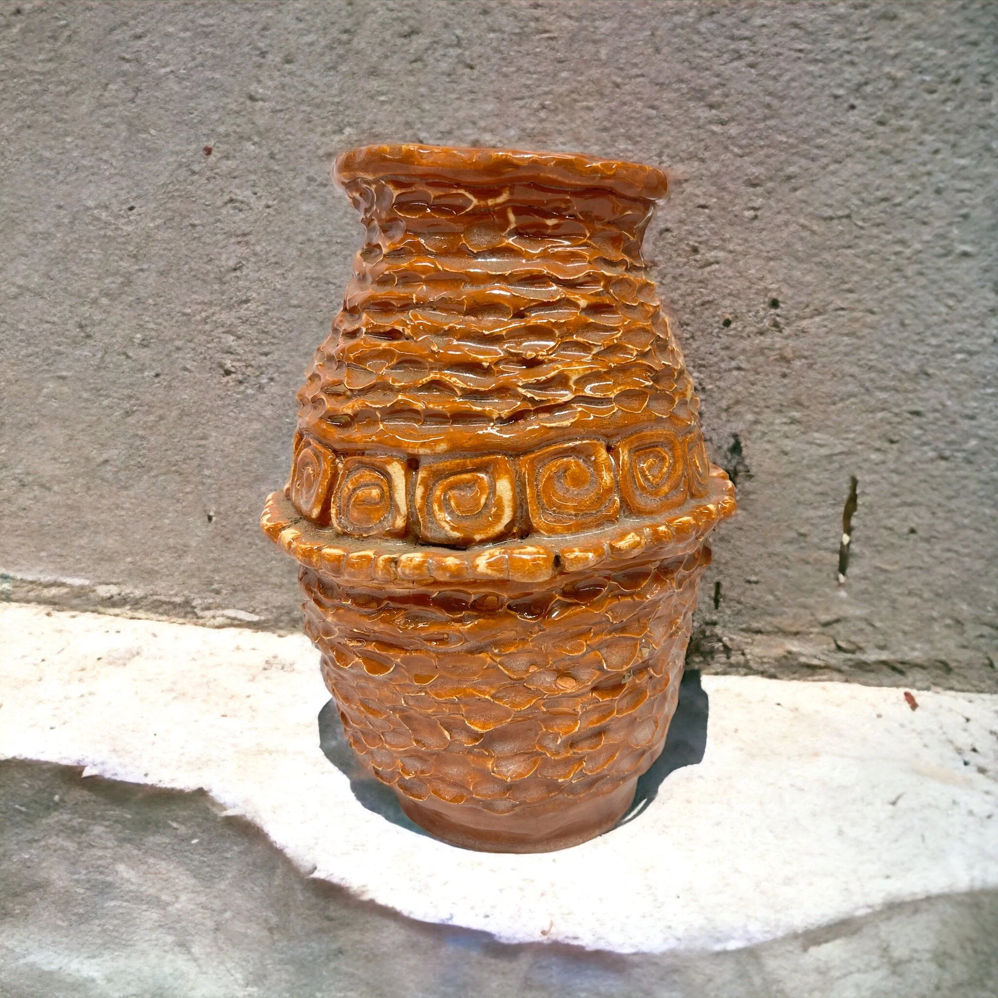 Vintage glazed studio pottery vase, geometric southwestern design, earth tone color, 1970s signed and dated by artist, unique design