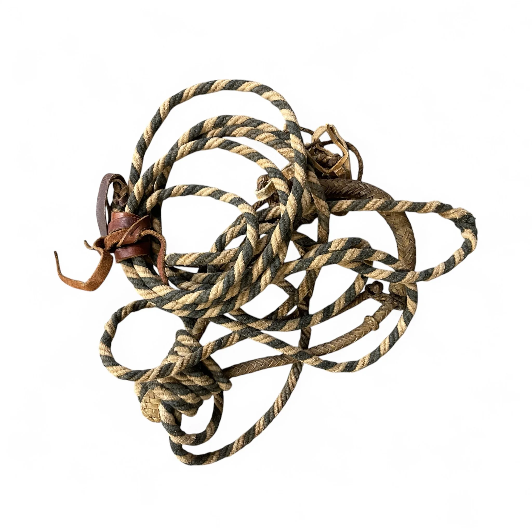 Vintage western rope with leather accents, horse tackle, perfect decor accent for cowboy themed rustic cabin or lodge.