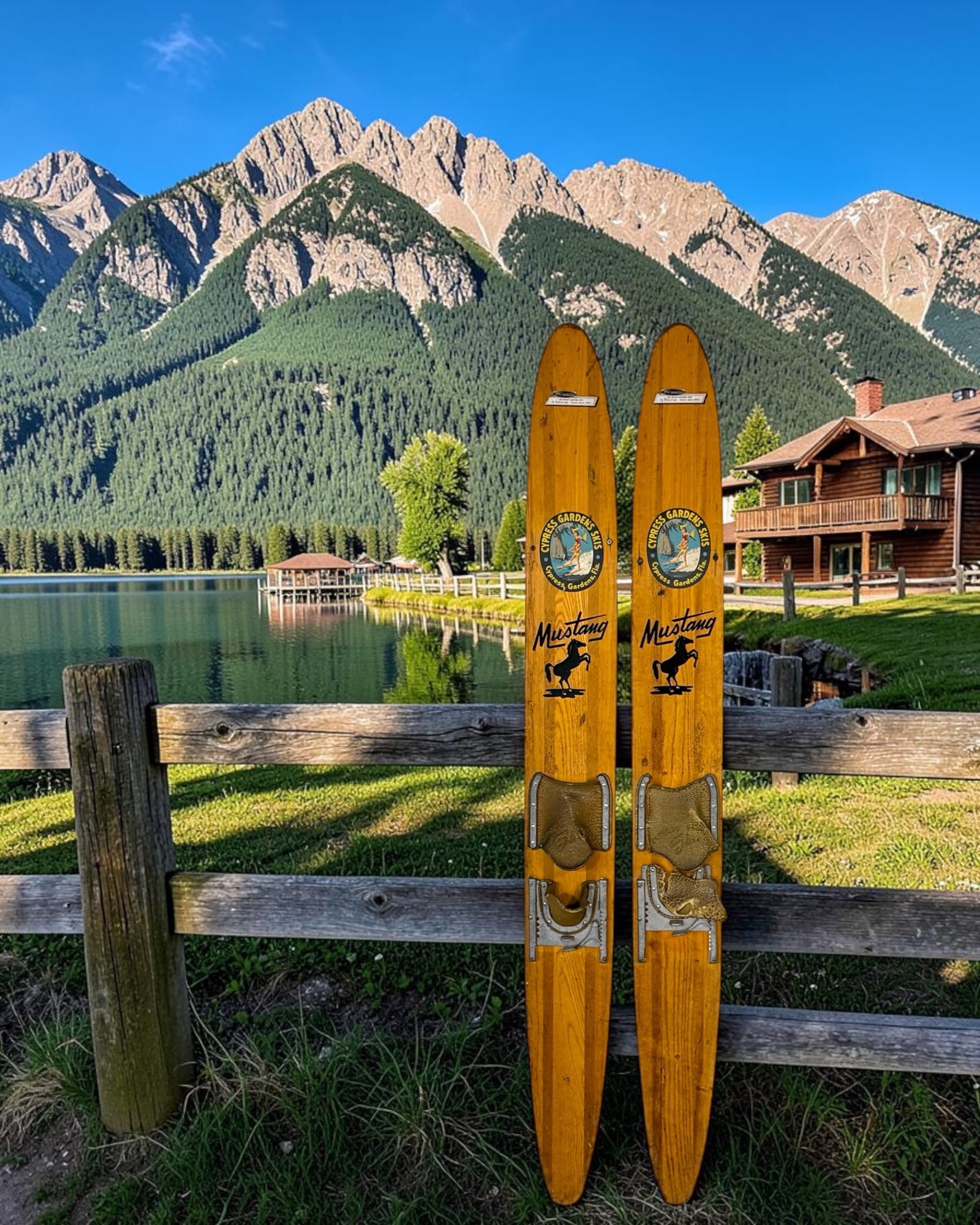 wooden vintage water skis with mustang horse graphics and cypress gardens branding styled outside of a lakeside ranch home