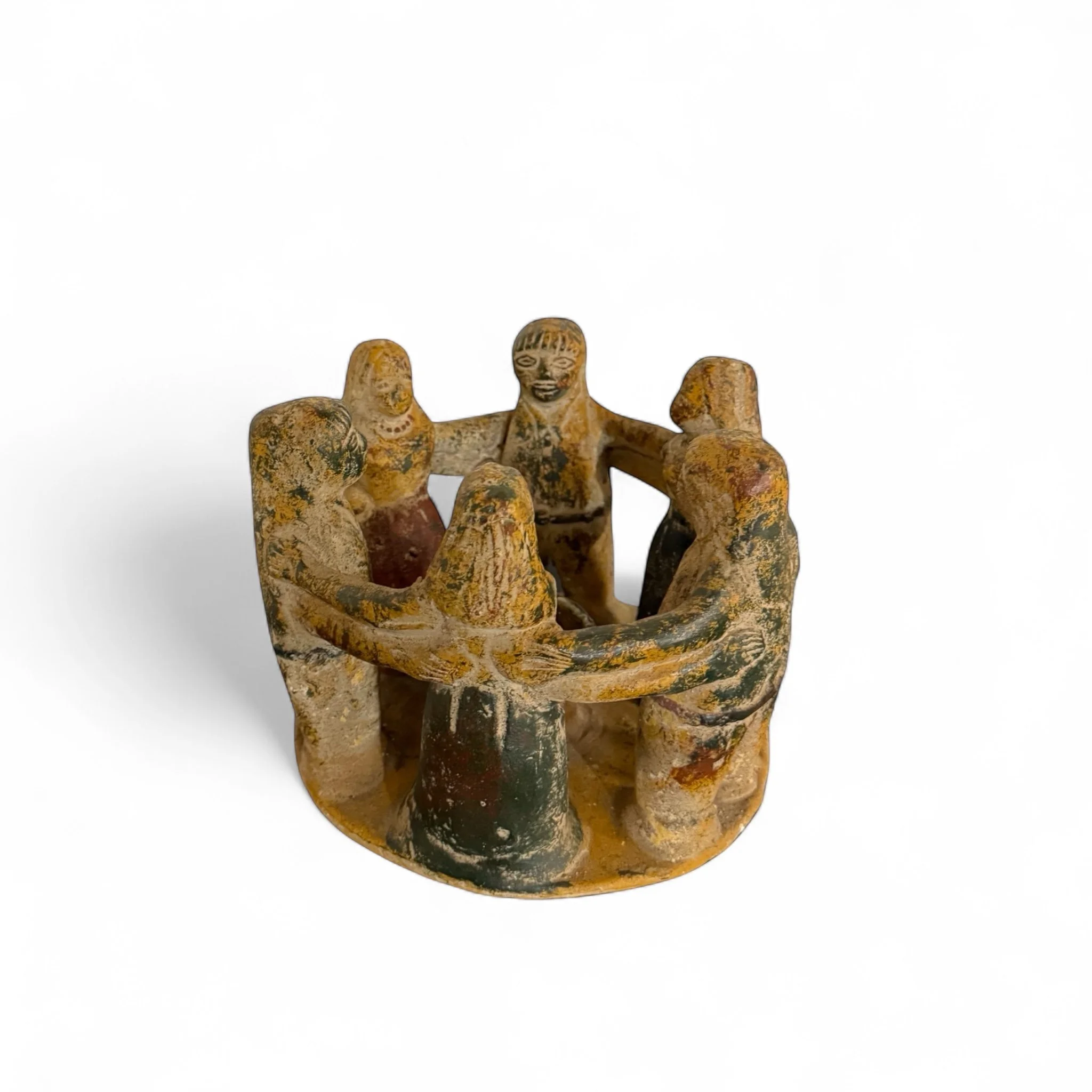 Vintage Aztec Mayan terracotta circle of friends candle holder featuring 6 figures - 3 female and 3 male, handmade Mexican folk art in rustic clay.
