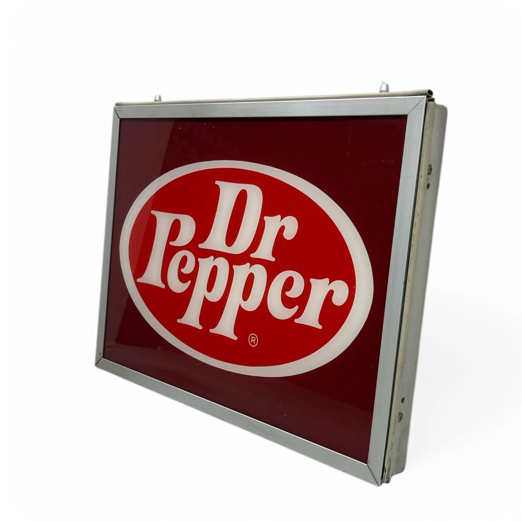 Vintage 1970s Dr. Pepper vending machine sign made of plexiglass in an aluminum frame, measures 16 x 13 inches, retro soda advertising collectible for wall decor.