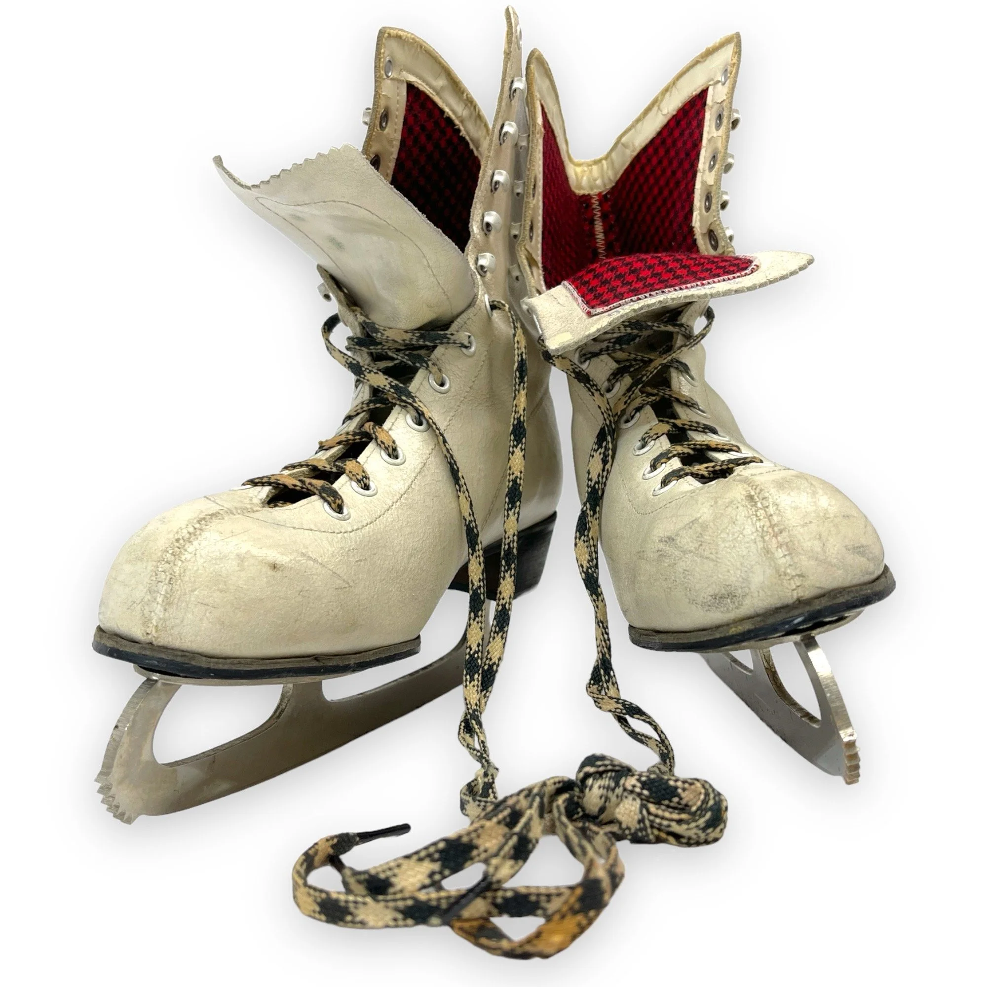 Vintage Sears ladies ice skates, white with black and red buffalo plaid interior and houndstooth shoelaces, perfect winter cabin or ski lodge decor