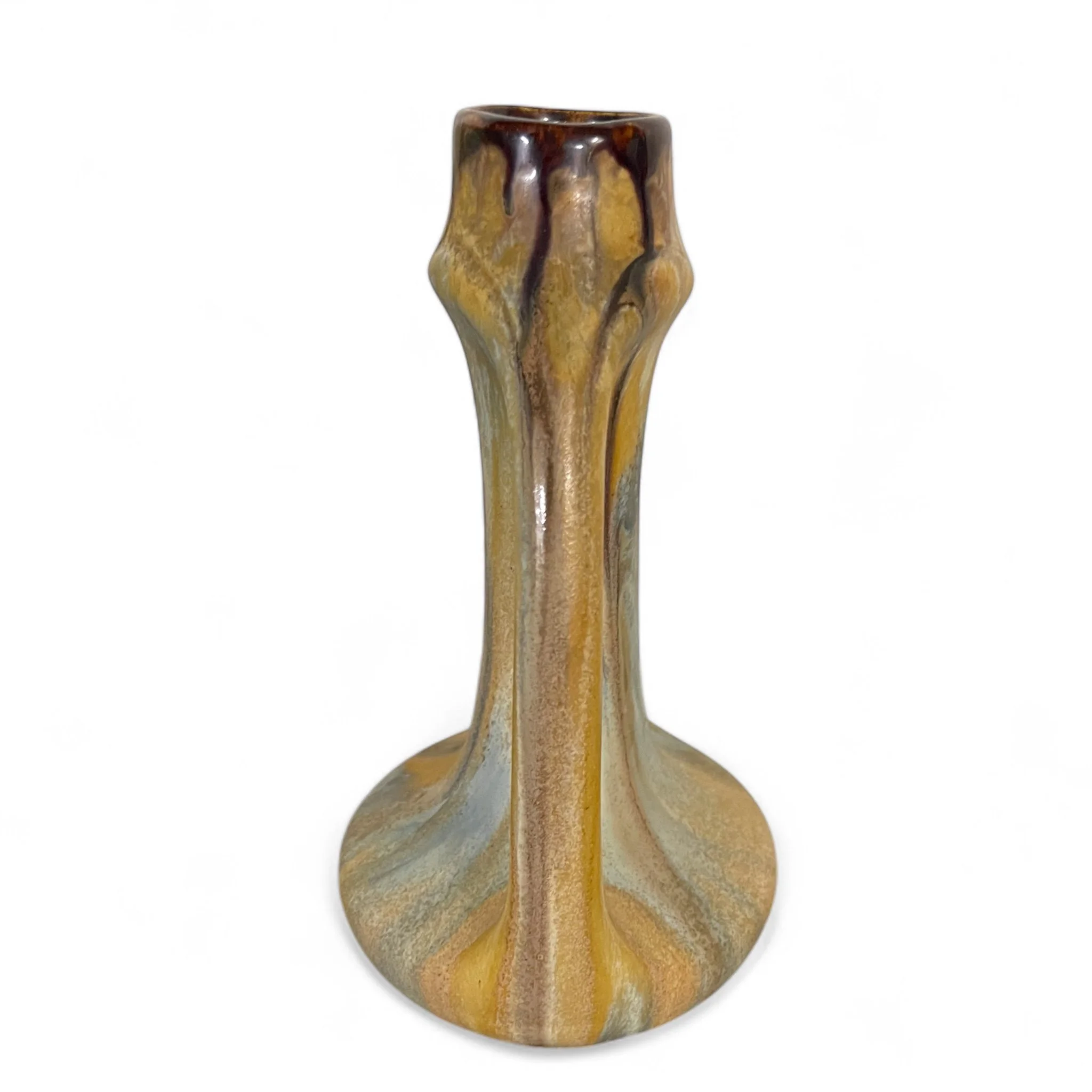Vintage 9 1/2 inch tall, double handle Belgium style ceramic pottery vase in drip glaze earth tone colors.