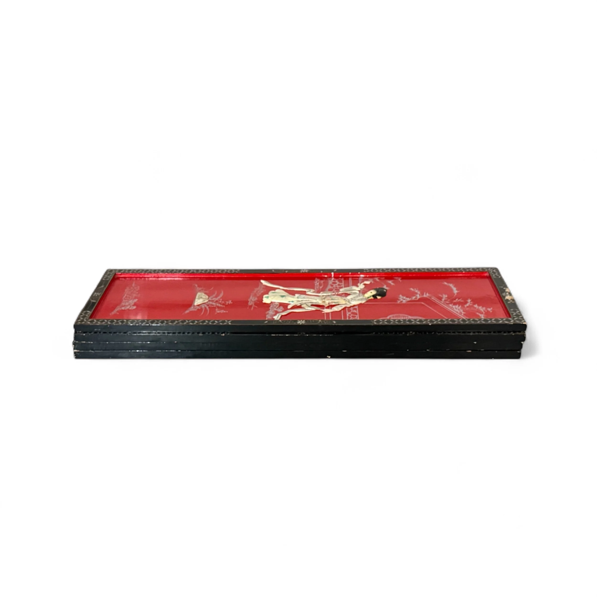 Set of 4 vintage Asian wood panel wall hangings with lacquer and mother of pearl geisha design stacked together.