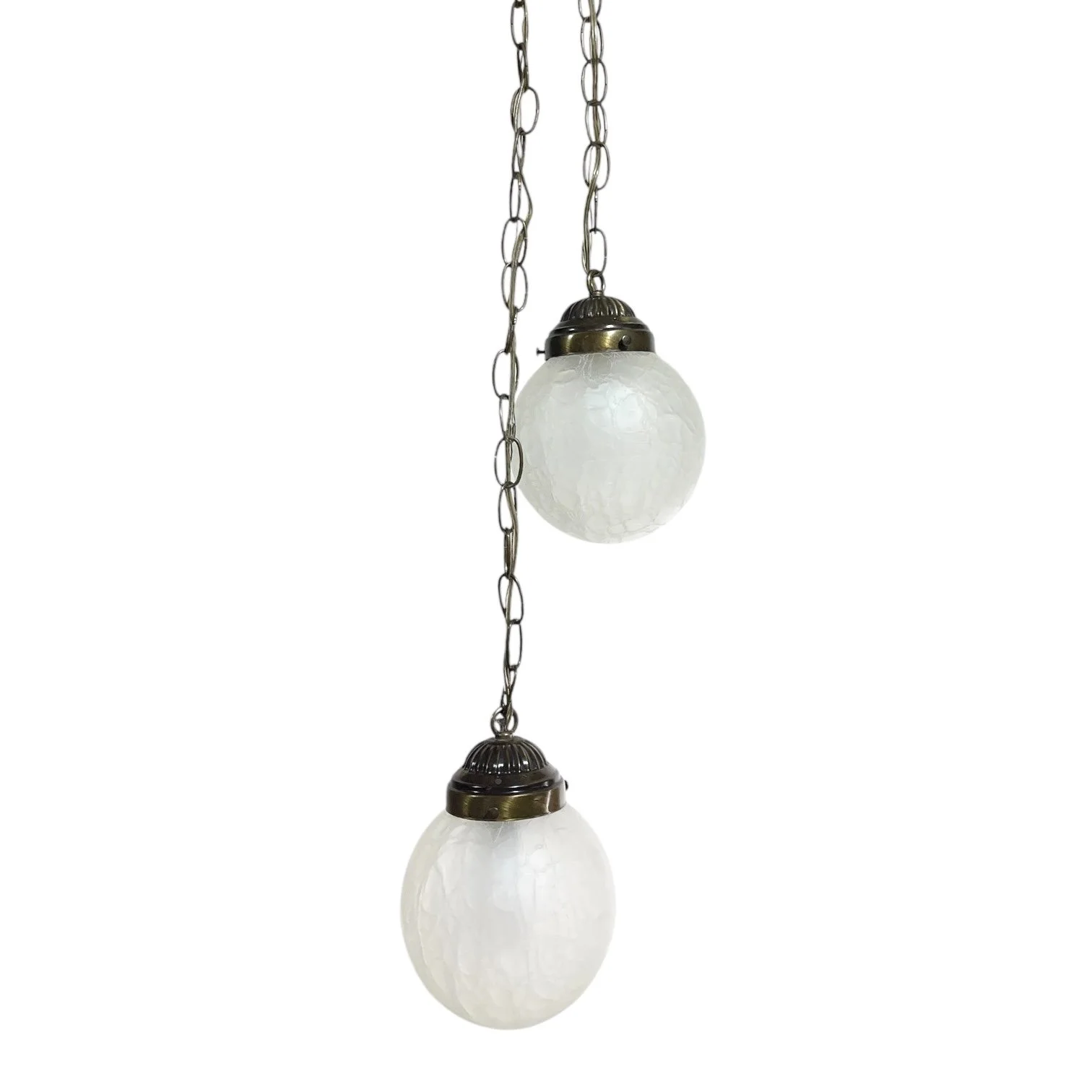 Pair of vintage hardwired crackle glass globe pendant hanging lights by Spring Lighting Corp.