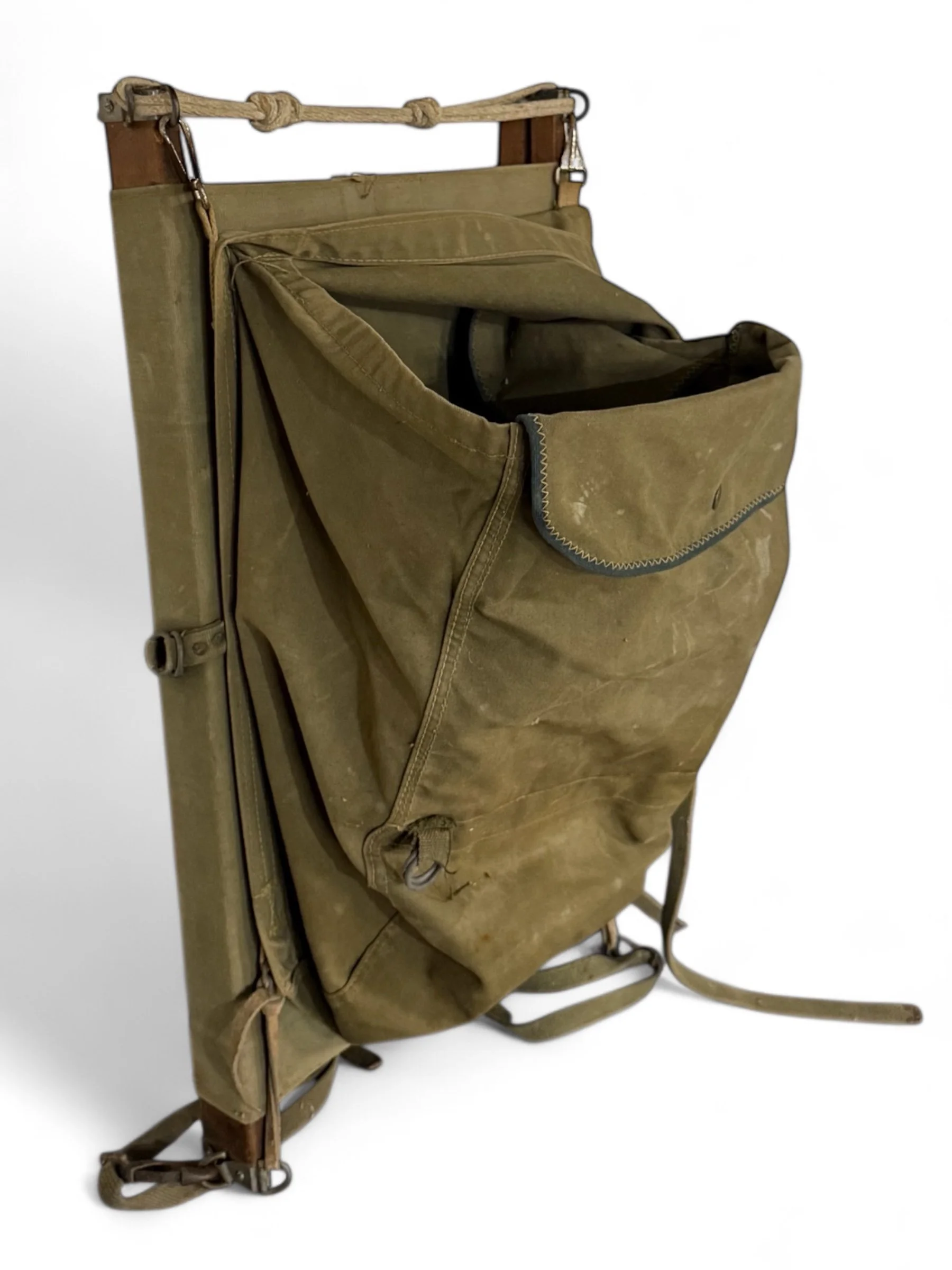 Vintage military backboard frame with army green canvas backpack, perfect for rustic wall decor, taxidermy mount display, hunting lodge, or cabin decoration.