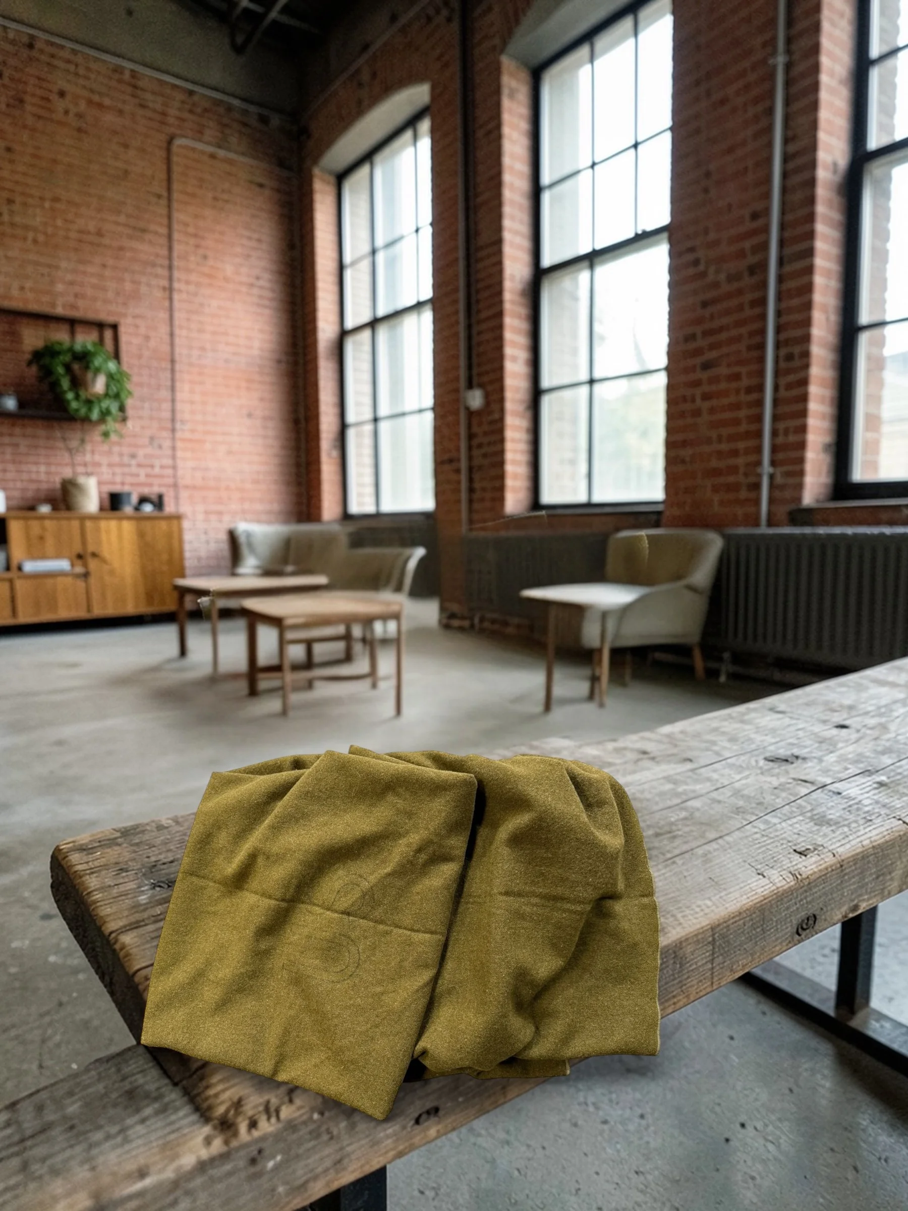 vintage olive green wool blanket folded on a wooden bench in an industrial loft apartment