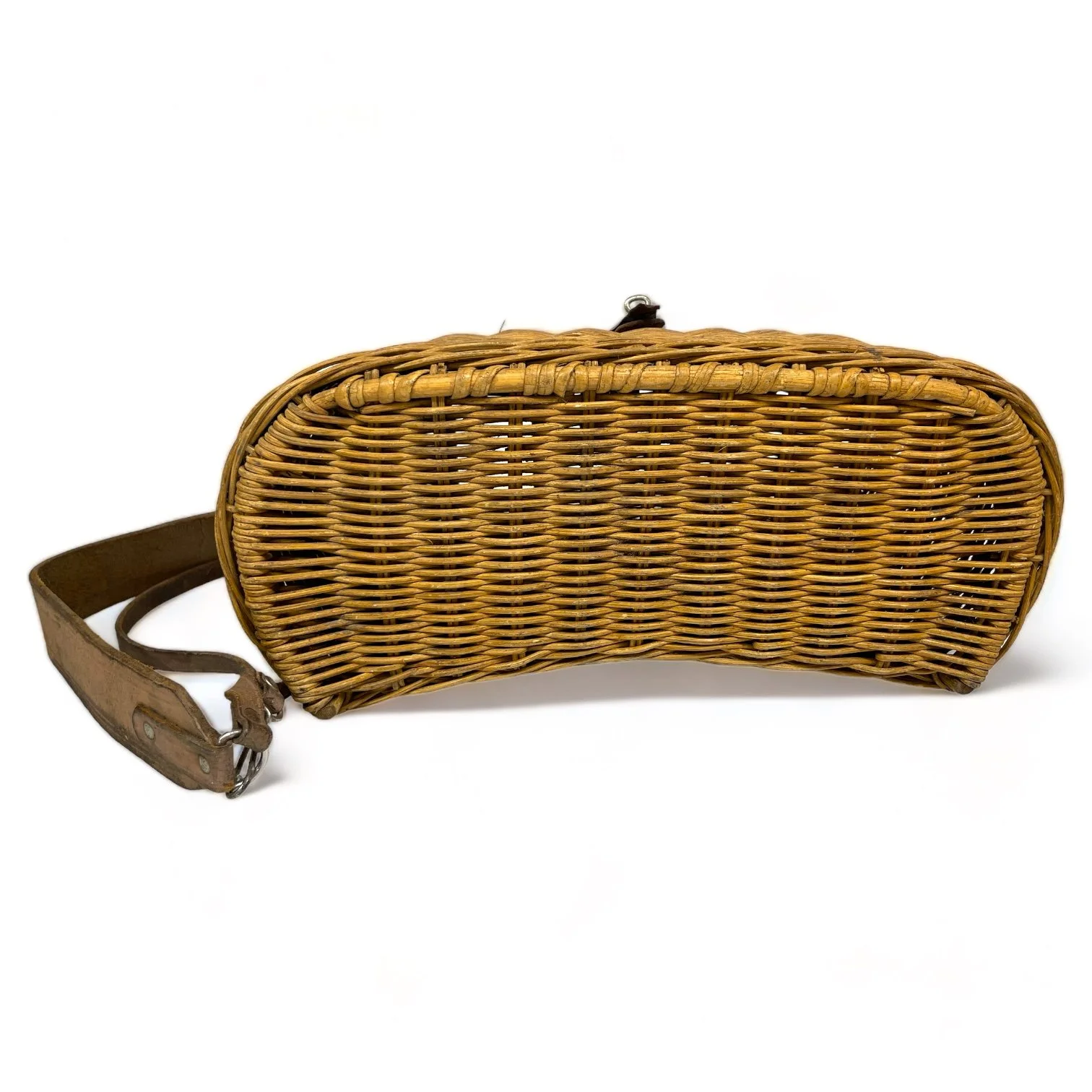 Vintage wicker fishing creel with adjustable leather shoulder strap and leather and metal lid clasp shaped as a fish. Great rustic decor for cabin or lodge.
