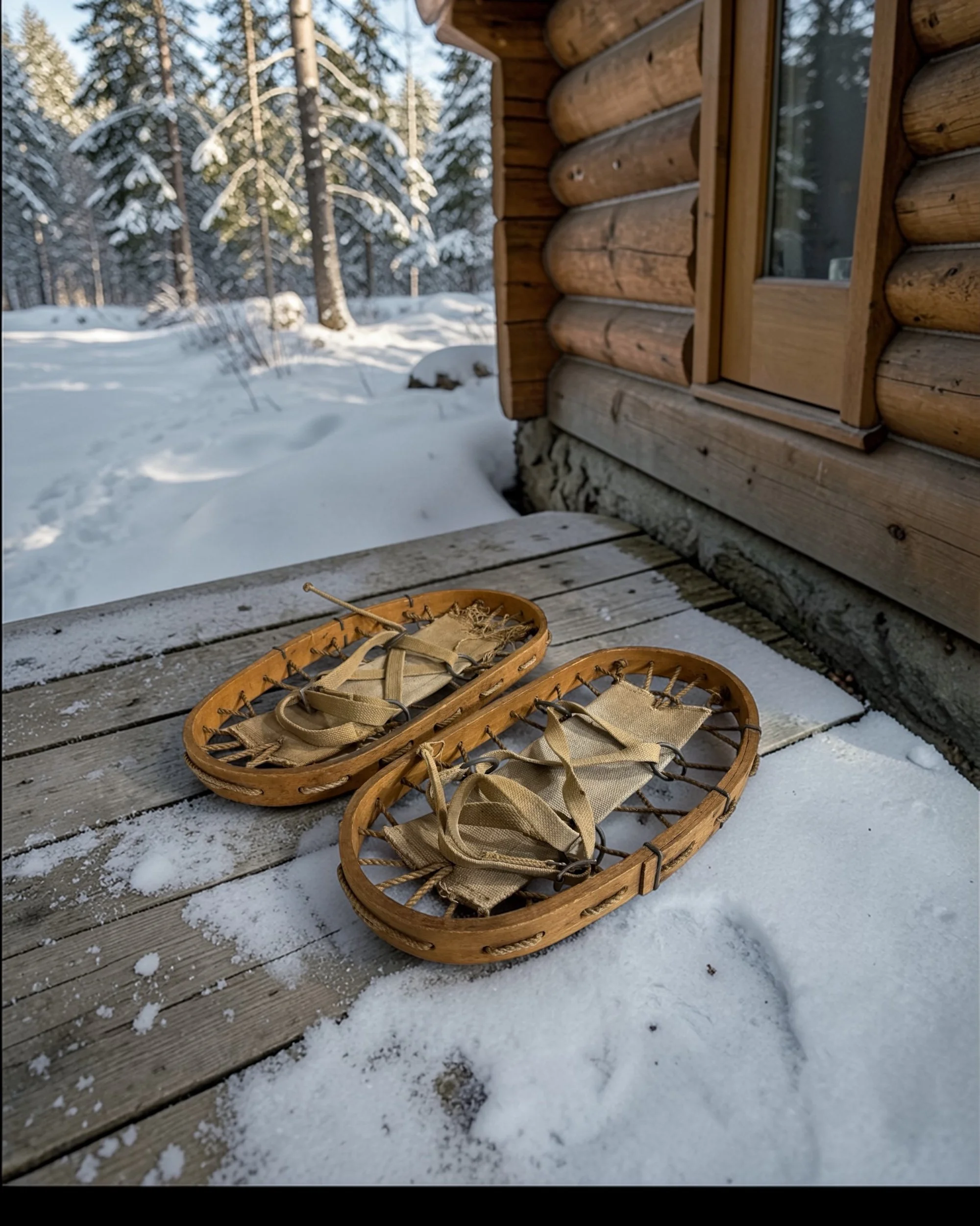 pair of vintage 1940s military bear paw wooden snowshoes styled on a porch of a cabin in the snowy woods