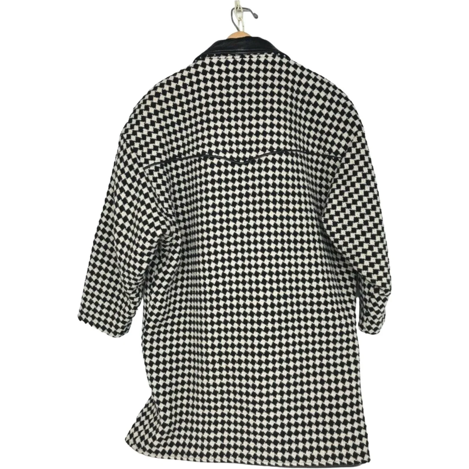 Vintage Pioneer Wear womens size medium black and white houndstooth coat, fully lined, trimmed in black leather, button front closure, two side pockets.