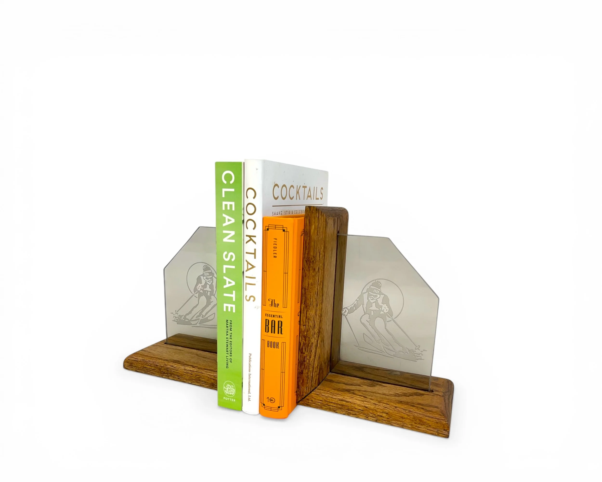 Vintage hardwood bookends with etched glass downhill skier design