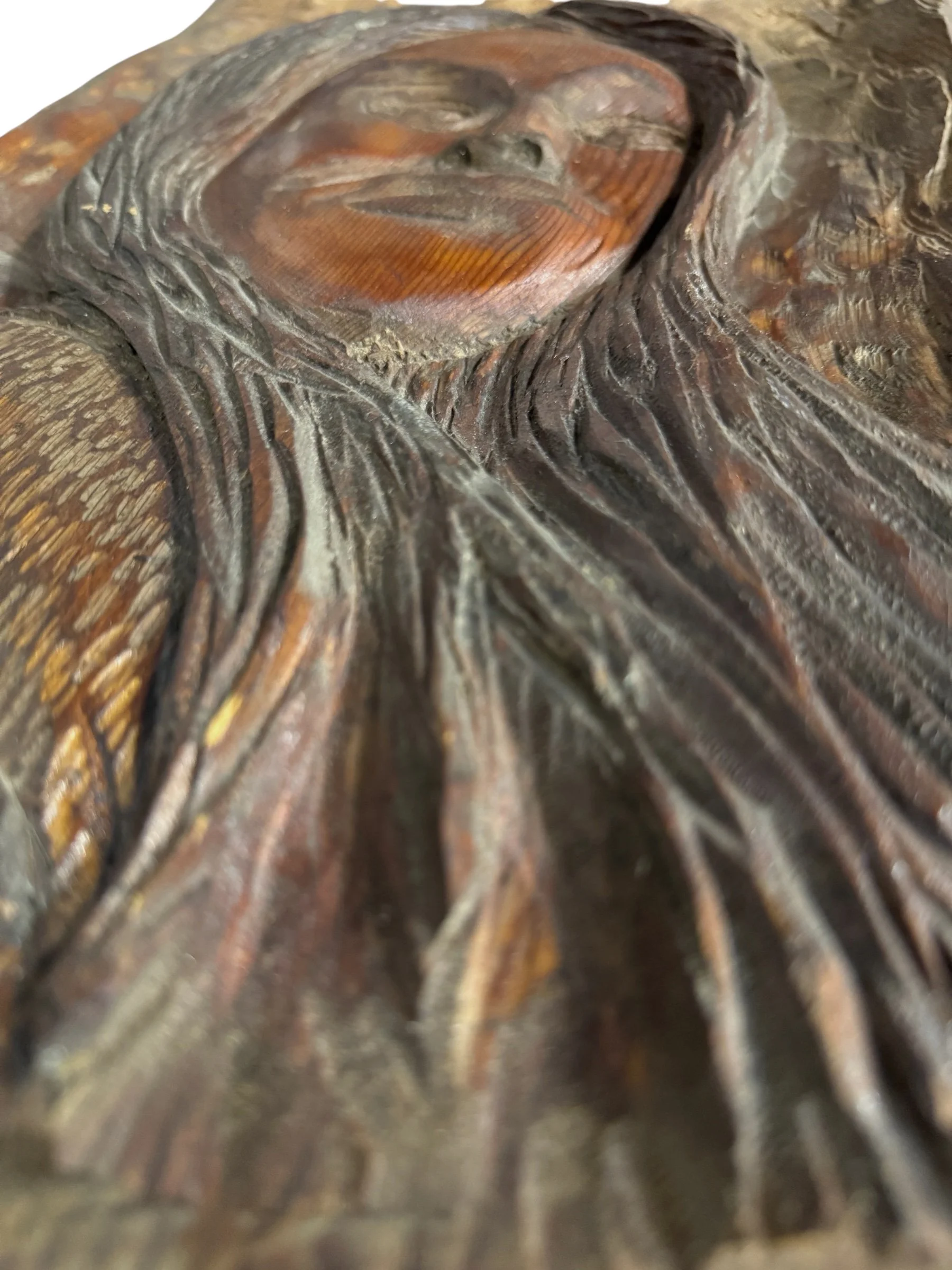 Detailed close-up of vintage wood carving showing carved hair texture and facial features