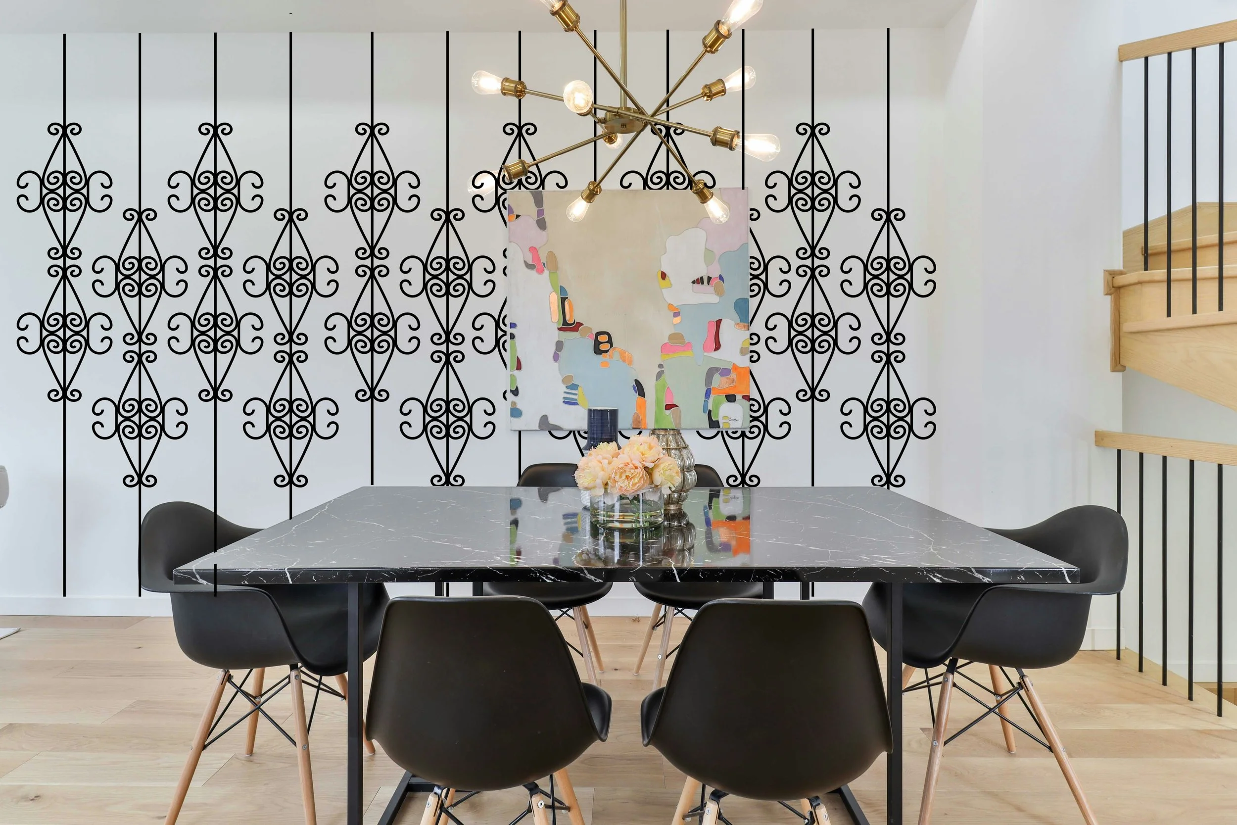 Elegant scrollwork removable vinyl wall decal in dining room.