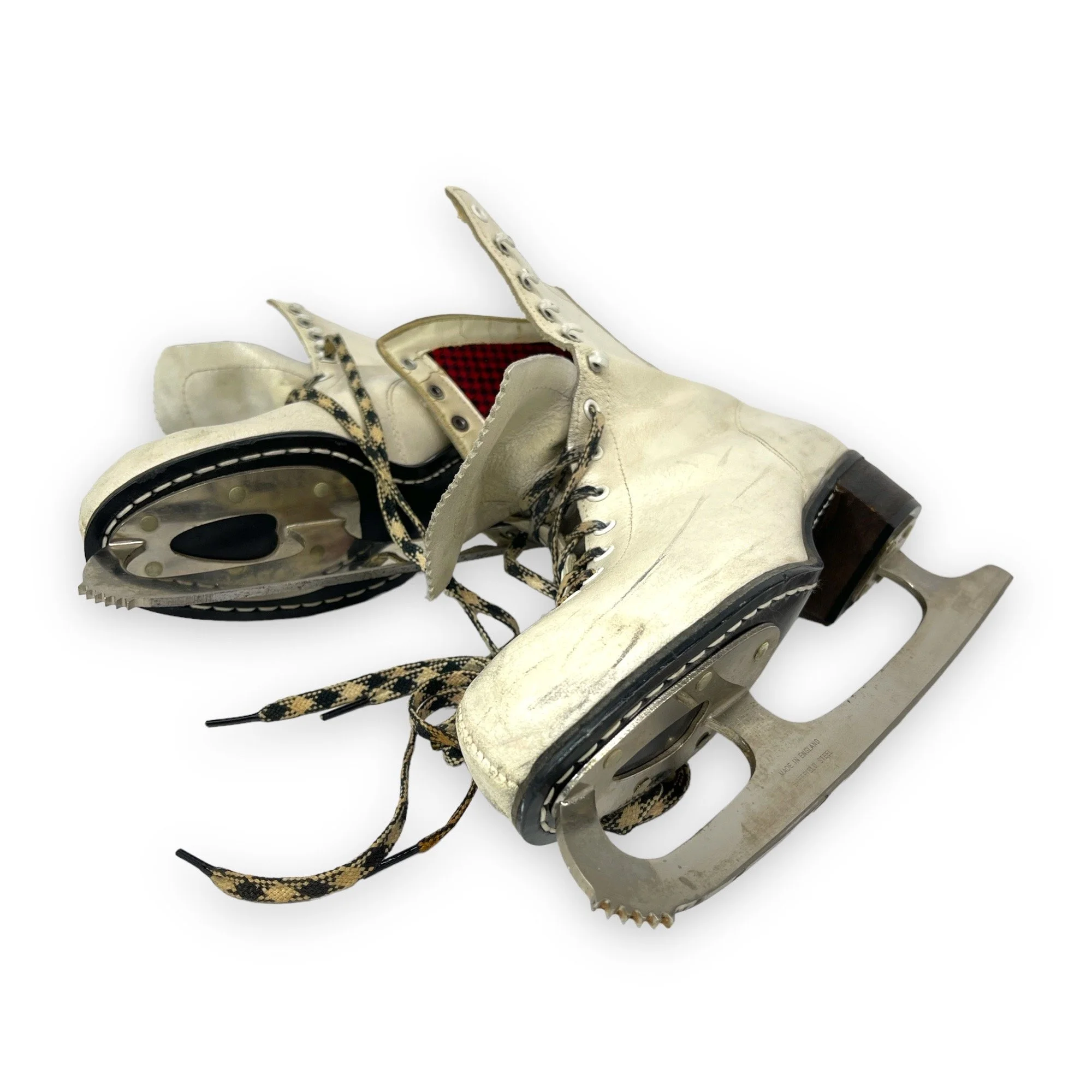 Vintage Sears ladies ice skates, white with black and red buffalo plaid interior and houndstooth shoelaces, perfect winter cabin or ski lodge decor