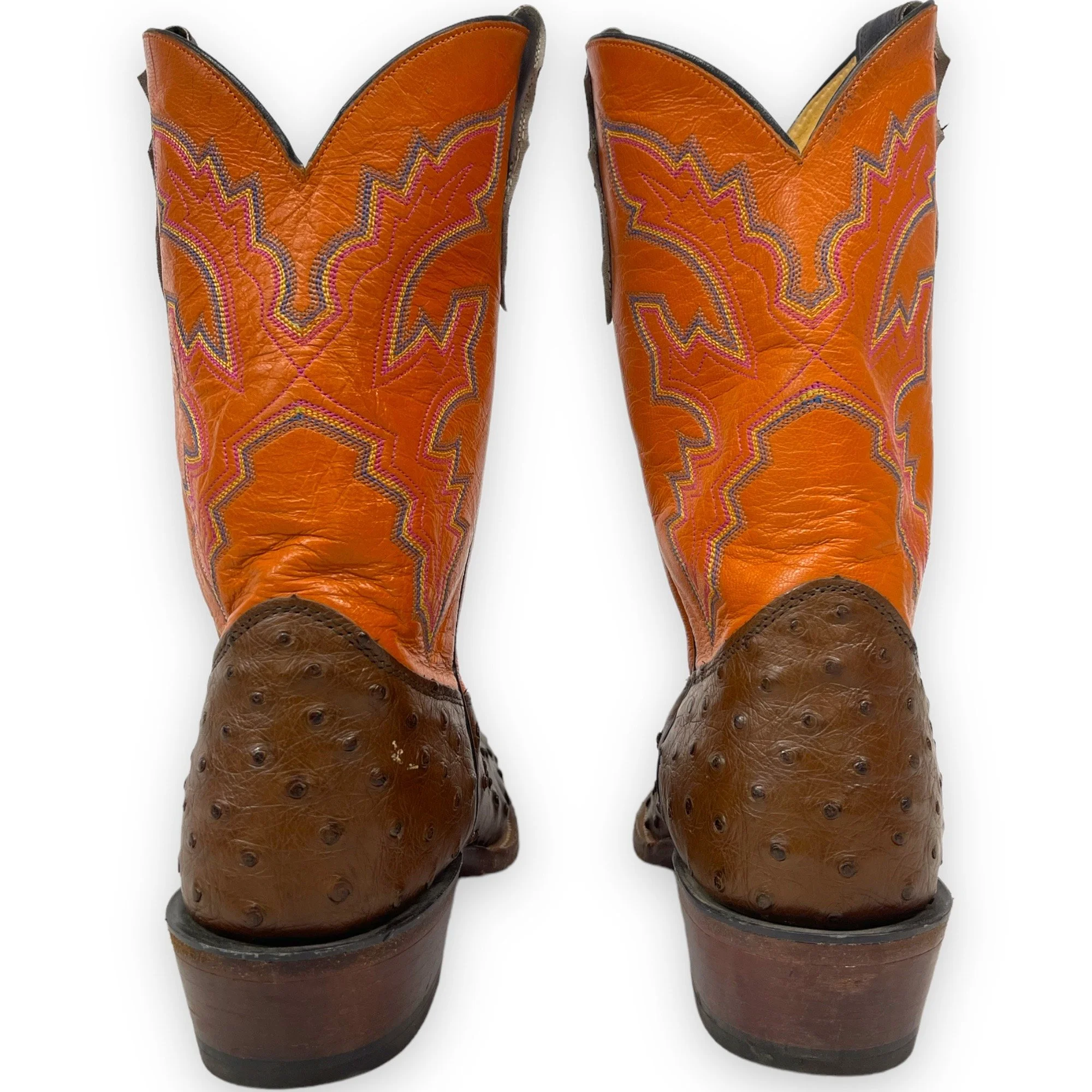 Vintage men's leather cowboy boots, Justin, Style: Comb Last 8962, US men's 11 1/2, made in USA, full quill ostrich, square toe, brown and orange