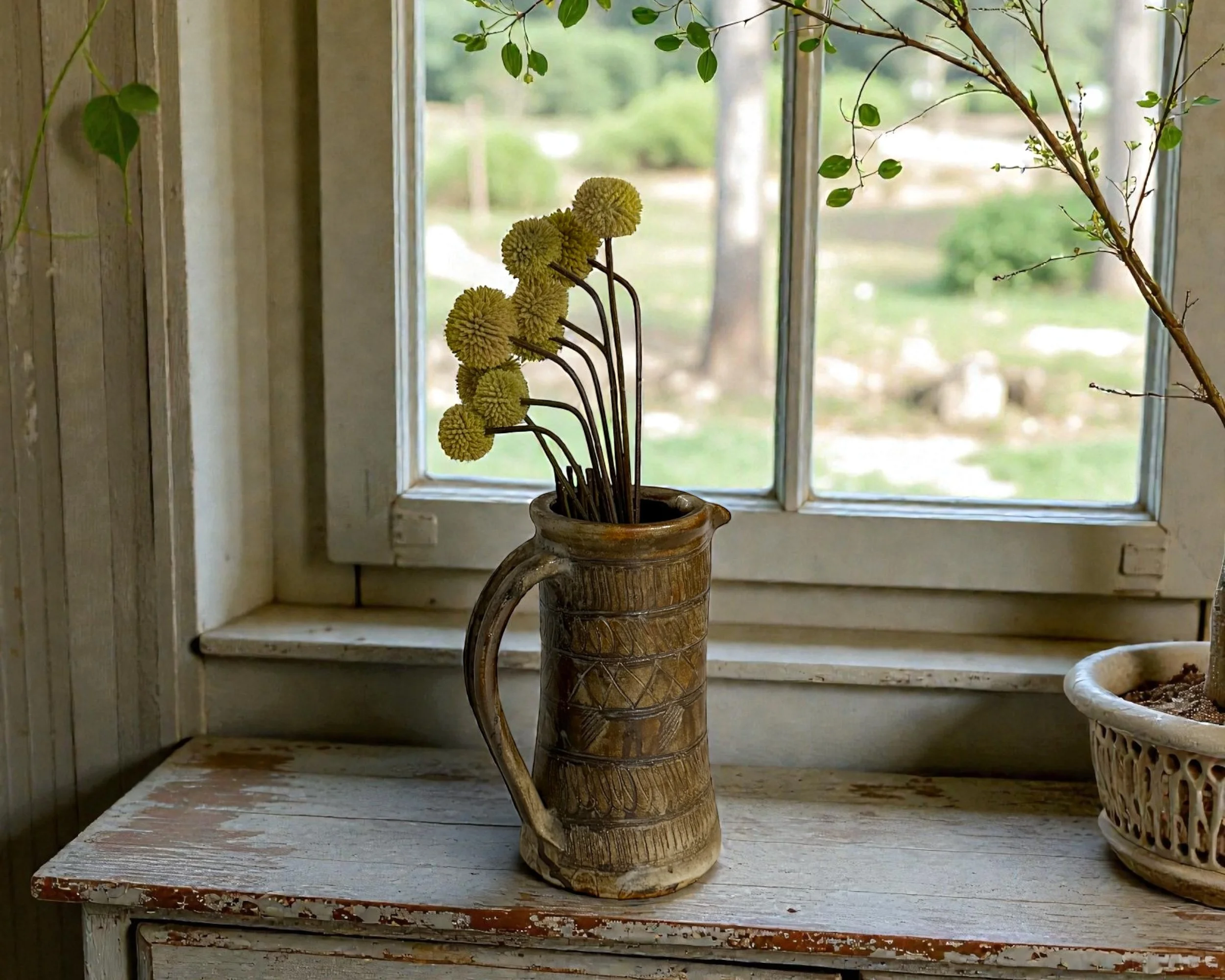 Ceramic studio pottery vase with handle styled as dried flower vessel in a French country kitchen