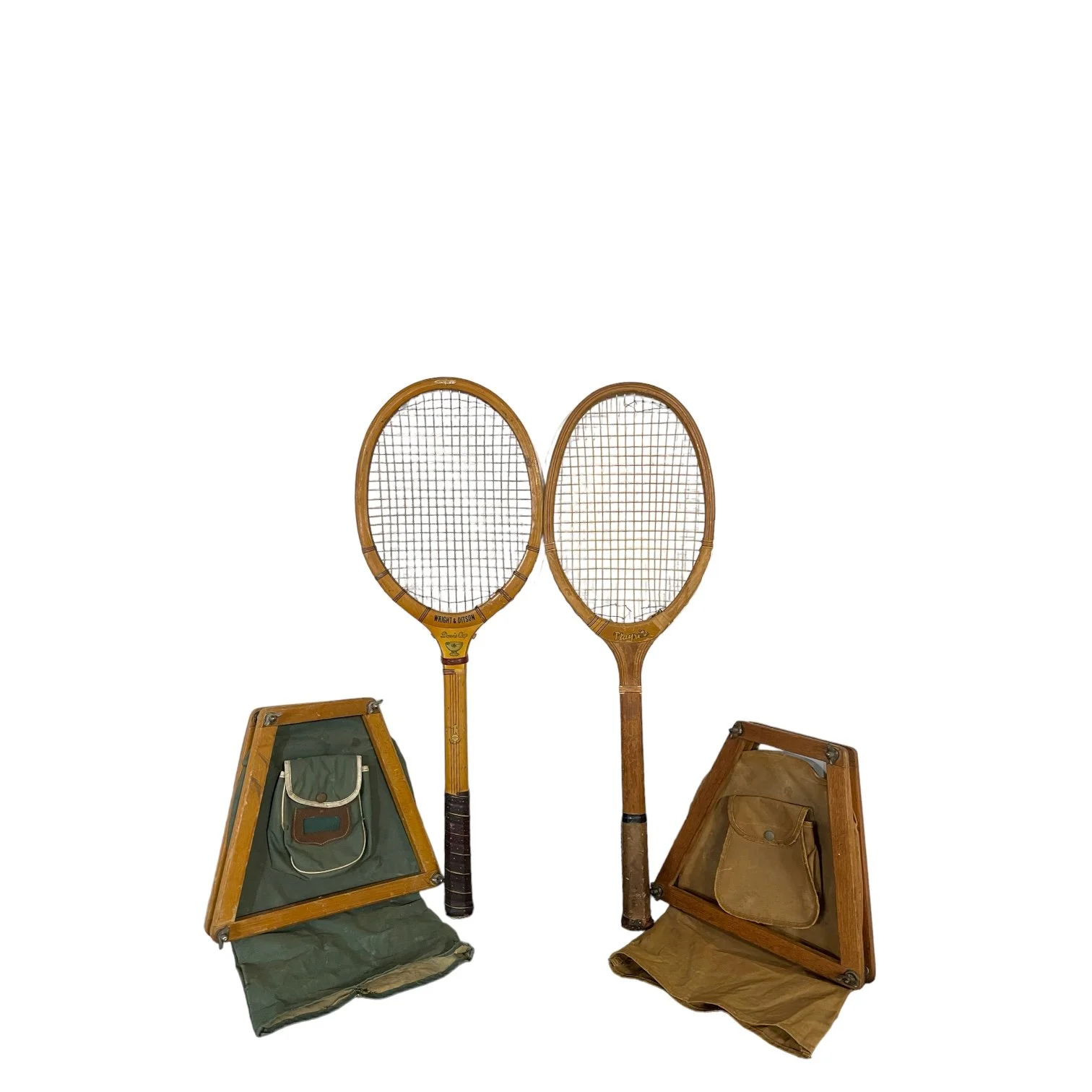 Vintage pair of wooden tennis rackets by Wright & Ditson and Playrite with wood press and canvas covers.