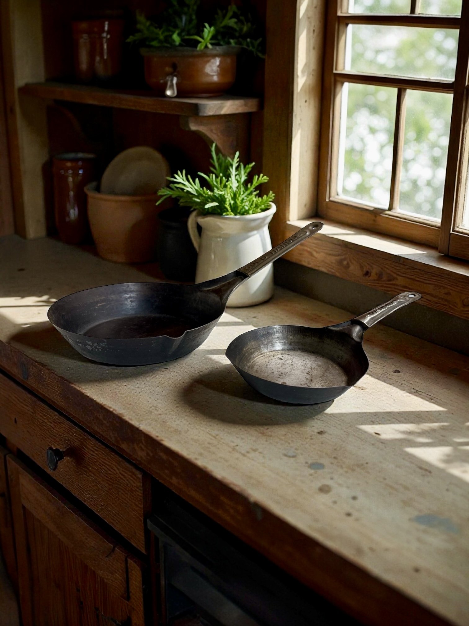Vintage skillets styled as rustic kitchen accessories on a butcher block counter top