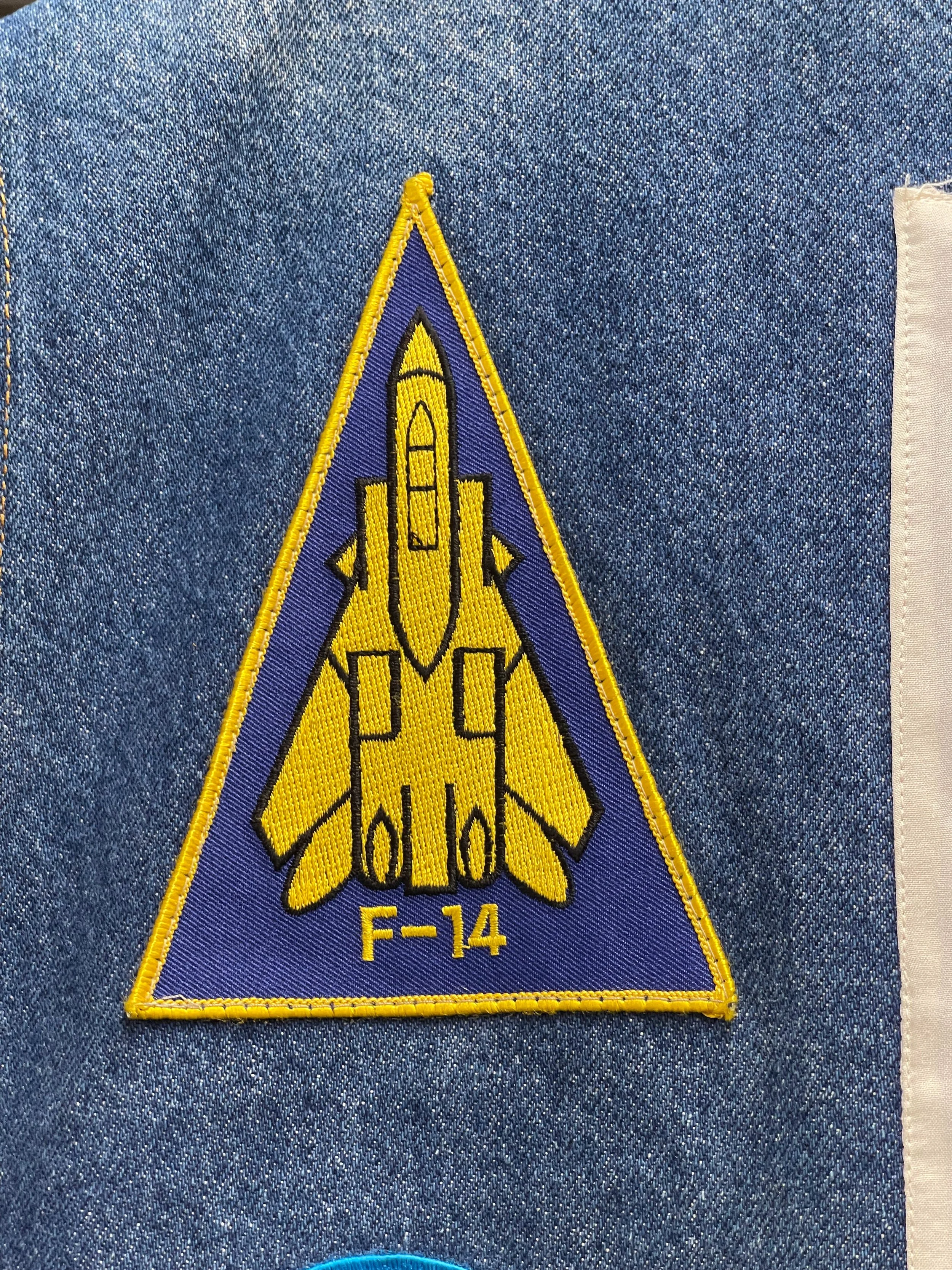 Vintage mens 3XL or 4XL denim vest by SFO San Francisco Overall with vintage military patches.